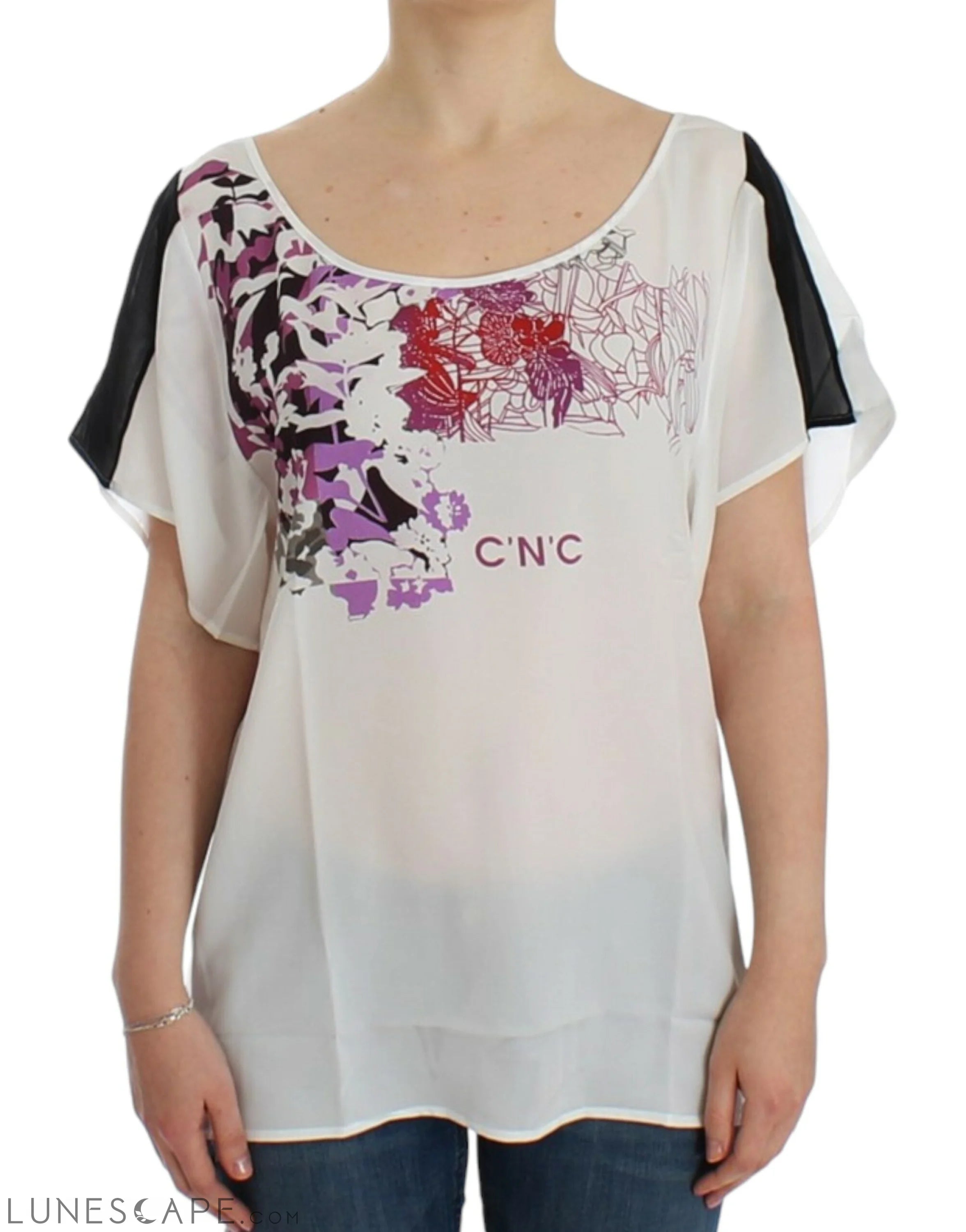 Costume National Chic White V-Neck Motive Print Tee LUNESCAPE