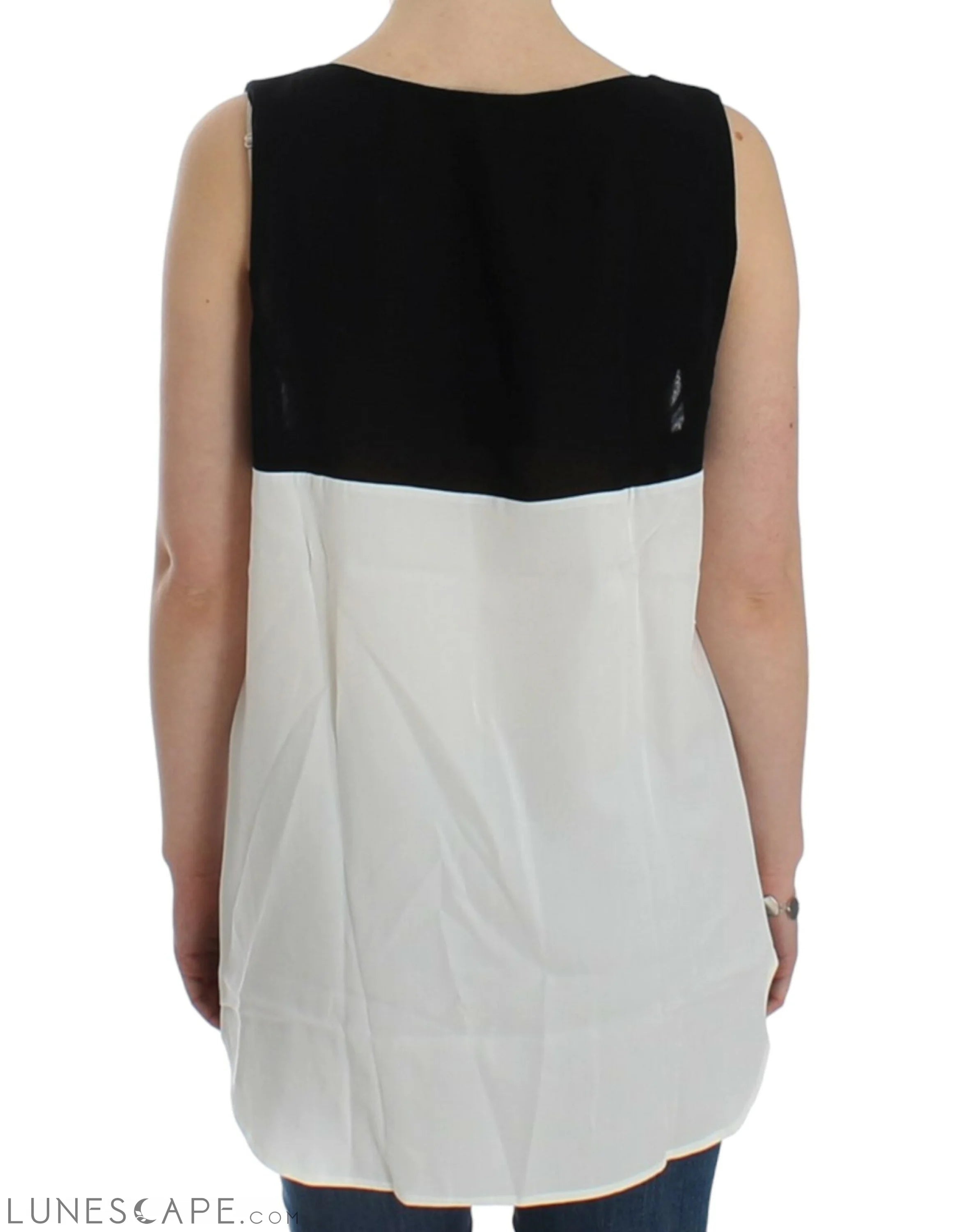 Costume National Elegant Monochrome Sleeveless Top with Gold Accents LUNESCAPE