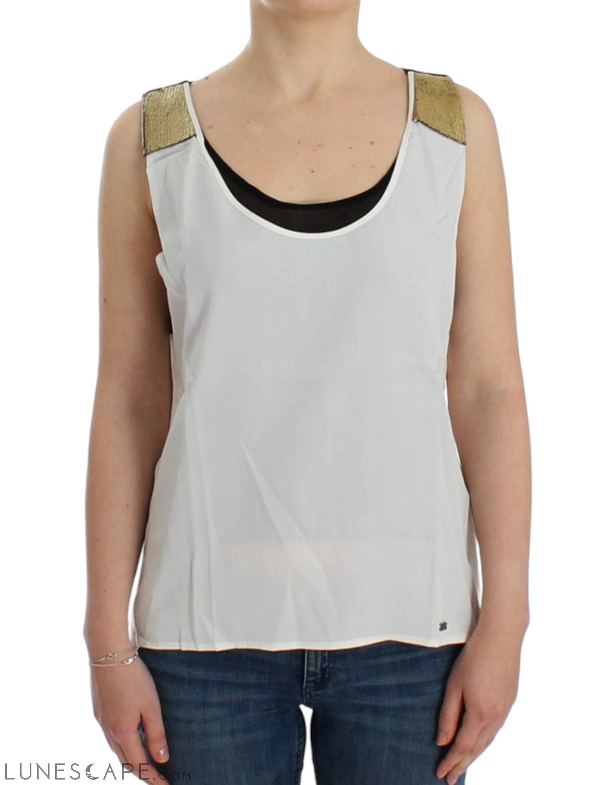 Costume National Elegant Monochrome Sleeveless Top with Gold Accents LUNESCAPE