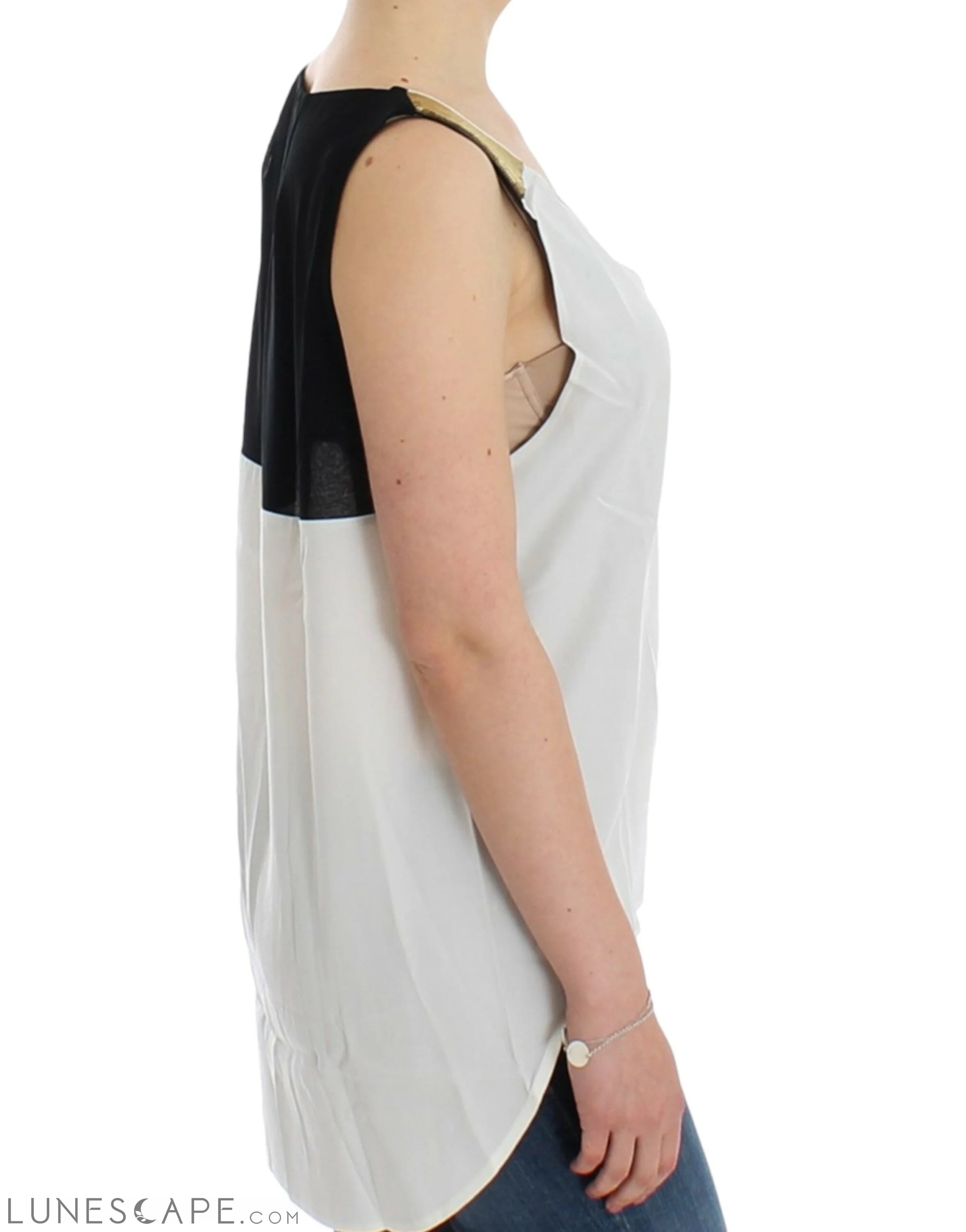 Costume National Elegant Monochrome Sleeveless Top with Gold Accents LUNESCAPE