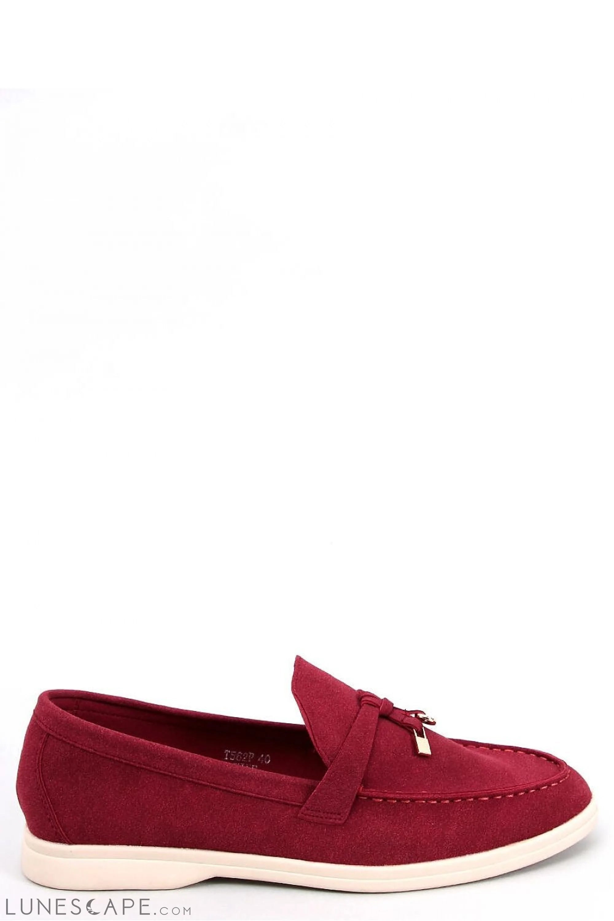 Cranberry Red Eco-Suede Womens Loafers – Almond Toe with Gold-Tip Tassel Accent LUNESCAPE