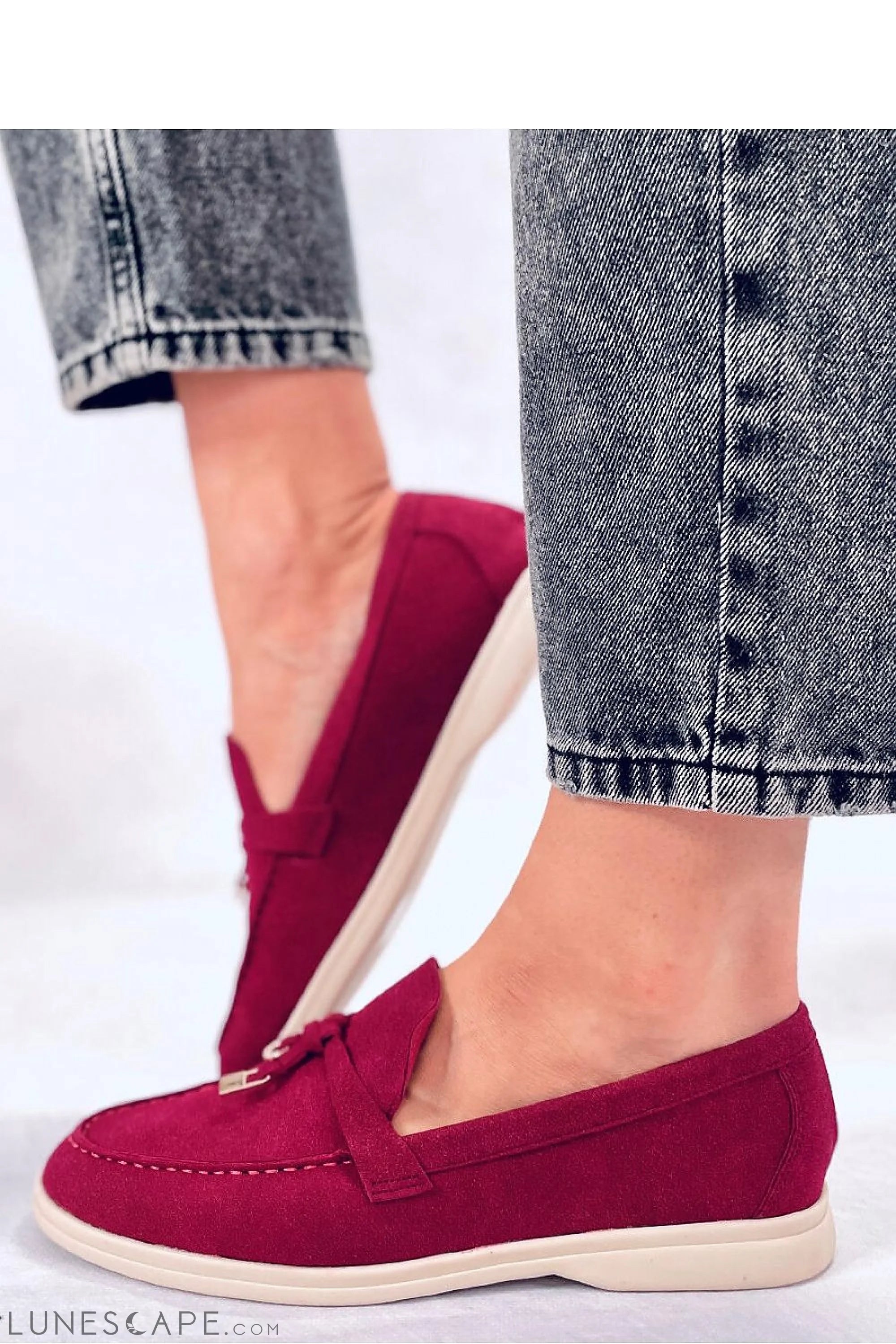 Cranberry Red Eco-Suede Womens Loafers – Almond Toe with Gold-Tip Tassel Accent LUNESCAPE
