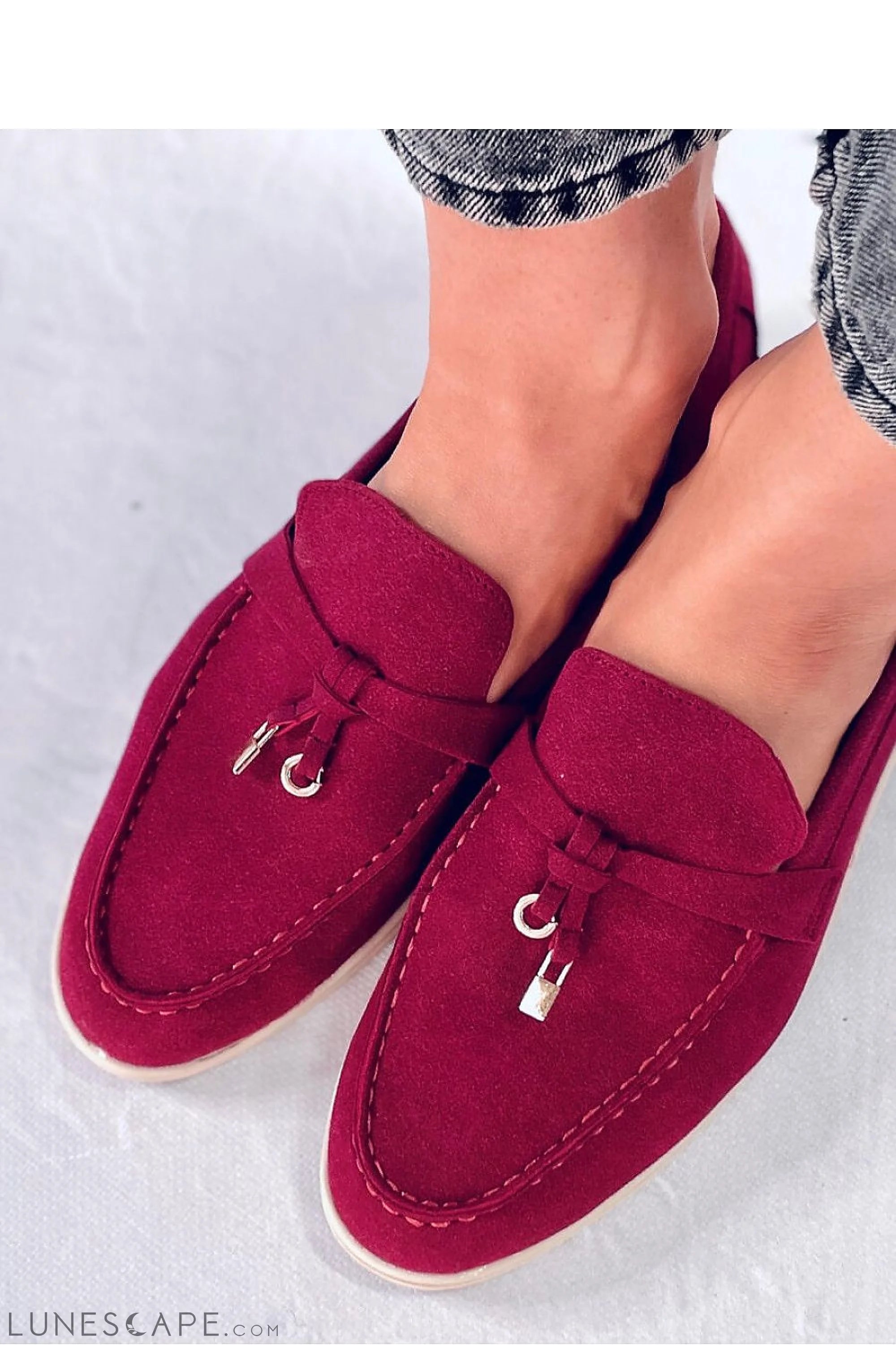 Cranberry Red Eco-Suede Womens Loafers – Almond Toe with Gold-Tip Tassel Accent LUNESCAPE