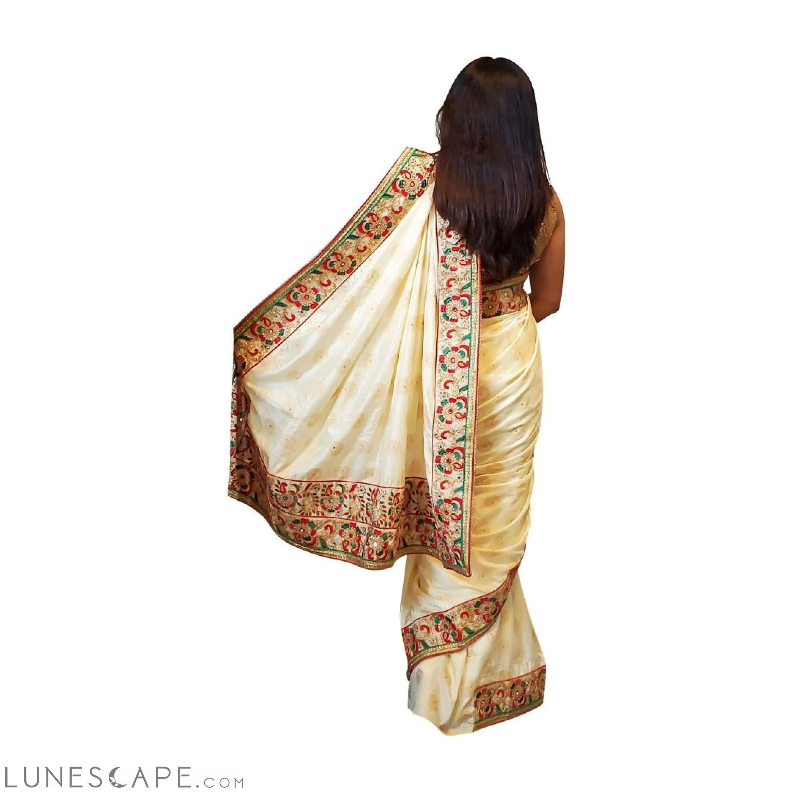 Cream Colored Brocade Soft Saree With Embroidered Border LUNESCAPE