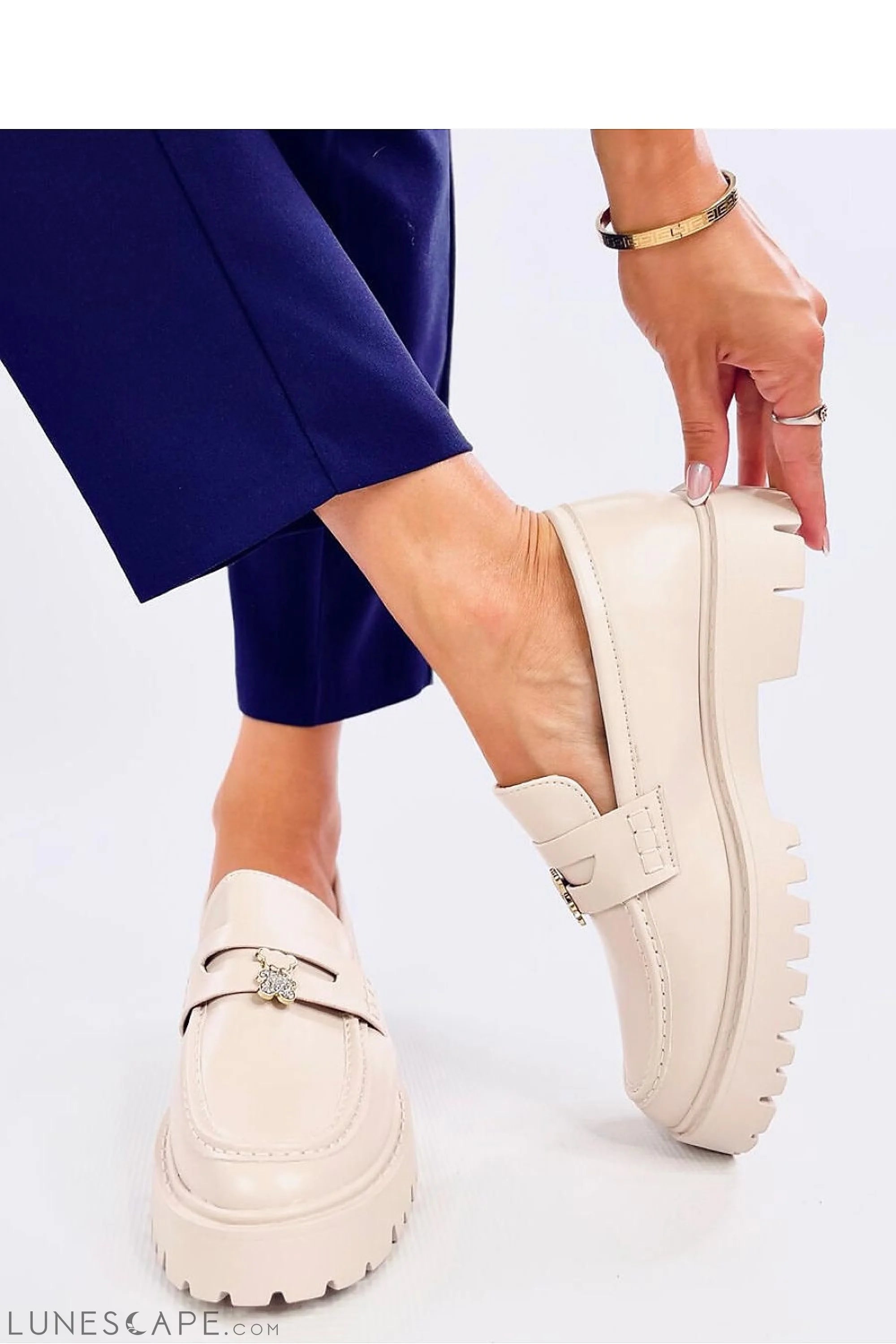 Cream Eco-Leather Loafers for Women – Lug Sole Slip-Ons with Bear Charm LUNESCAPE