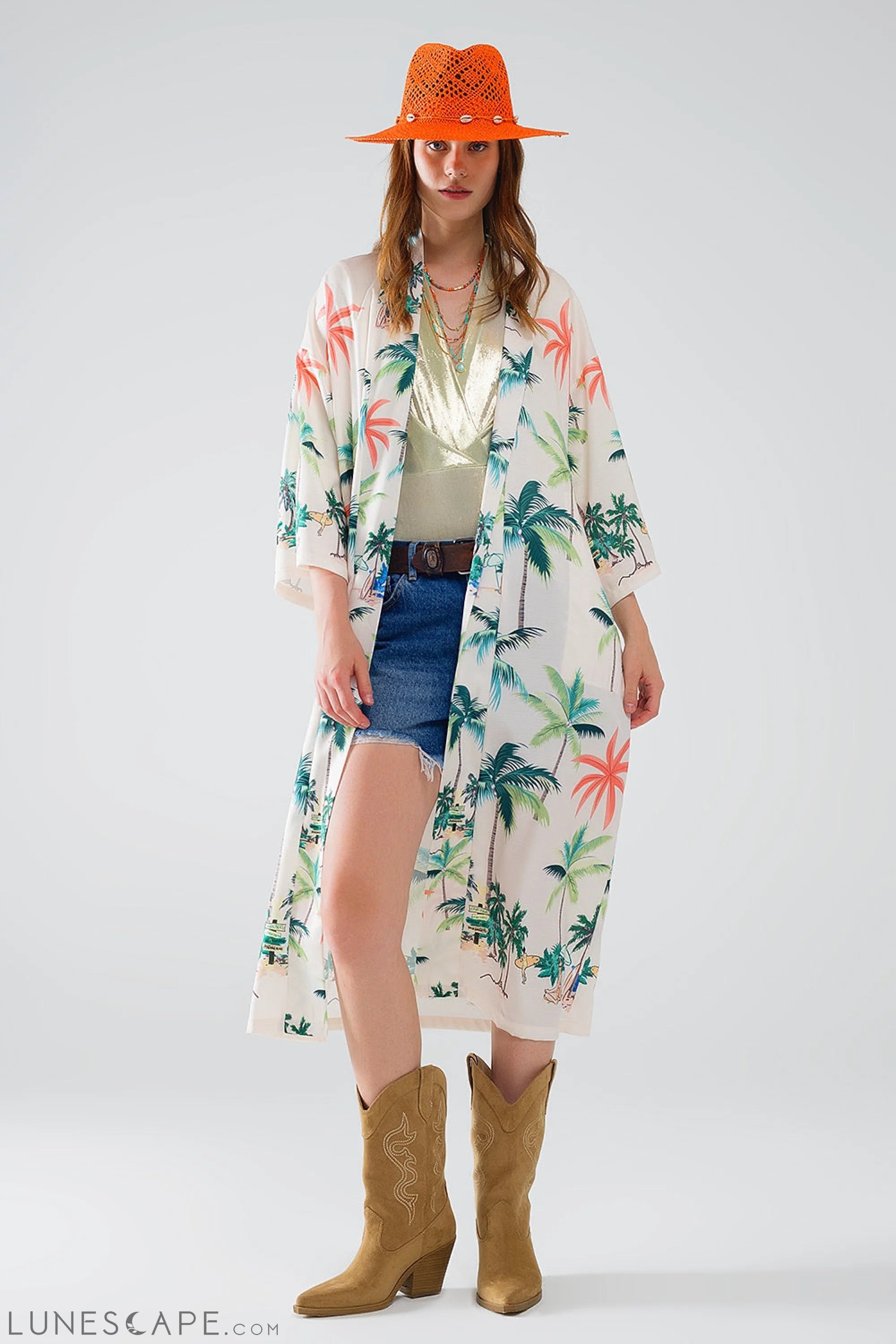 Cream Open Kimono With Beach Print in Midi Length Women’s Fashion - Women’s Clothing - Blouses & Shirts