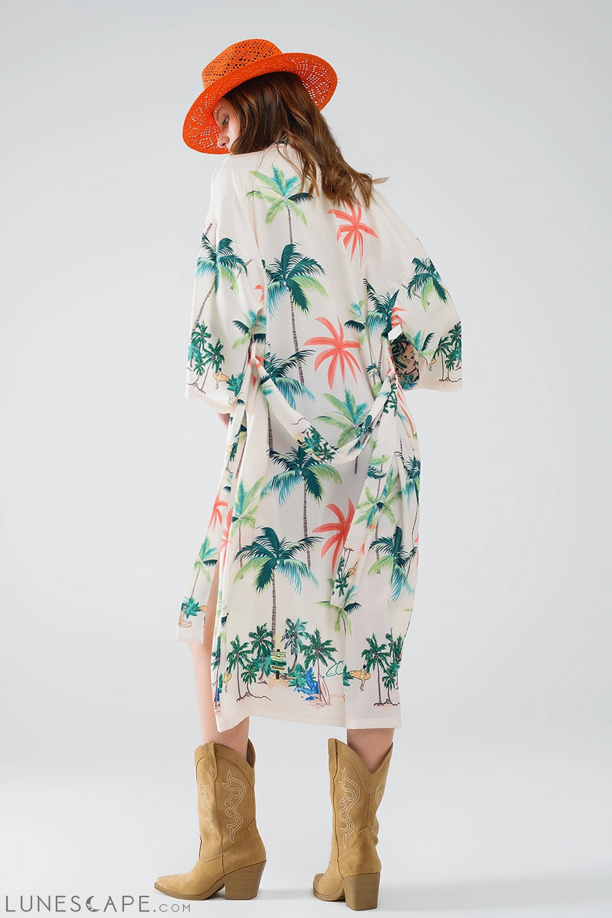 Cream Open Kimono With Beach Print in Midi Length Women’s Fashion - Women’s Clothing - Blouses & Shirts