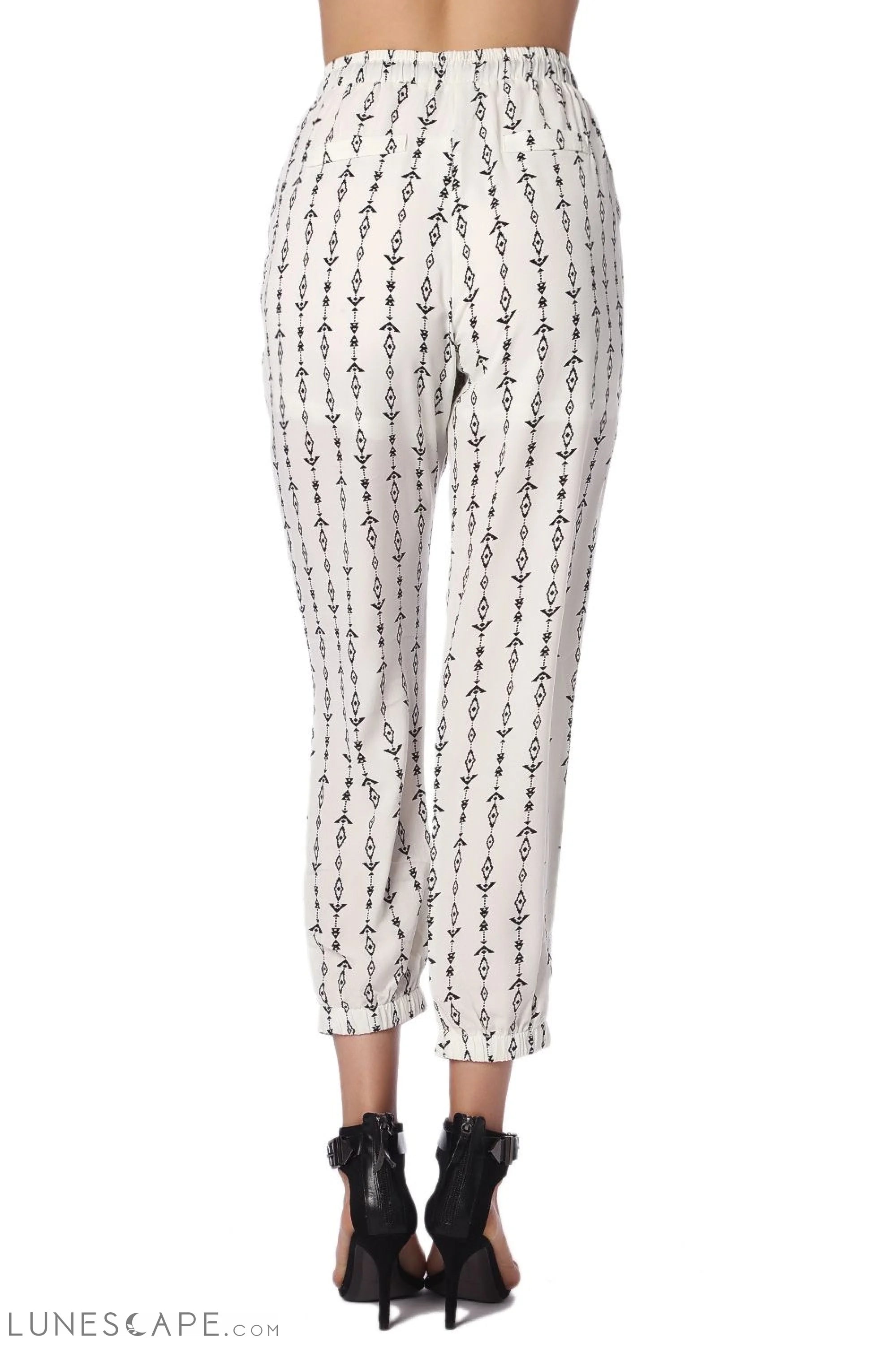 Cream Pants With Contrast Geo-Tribal Print Casual Trousers - Women