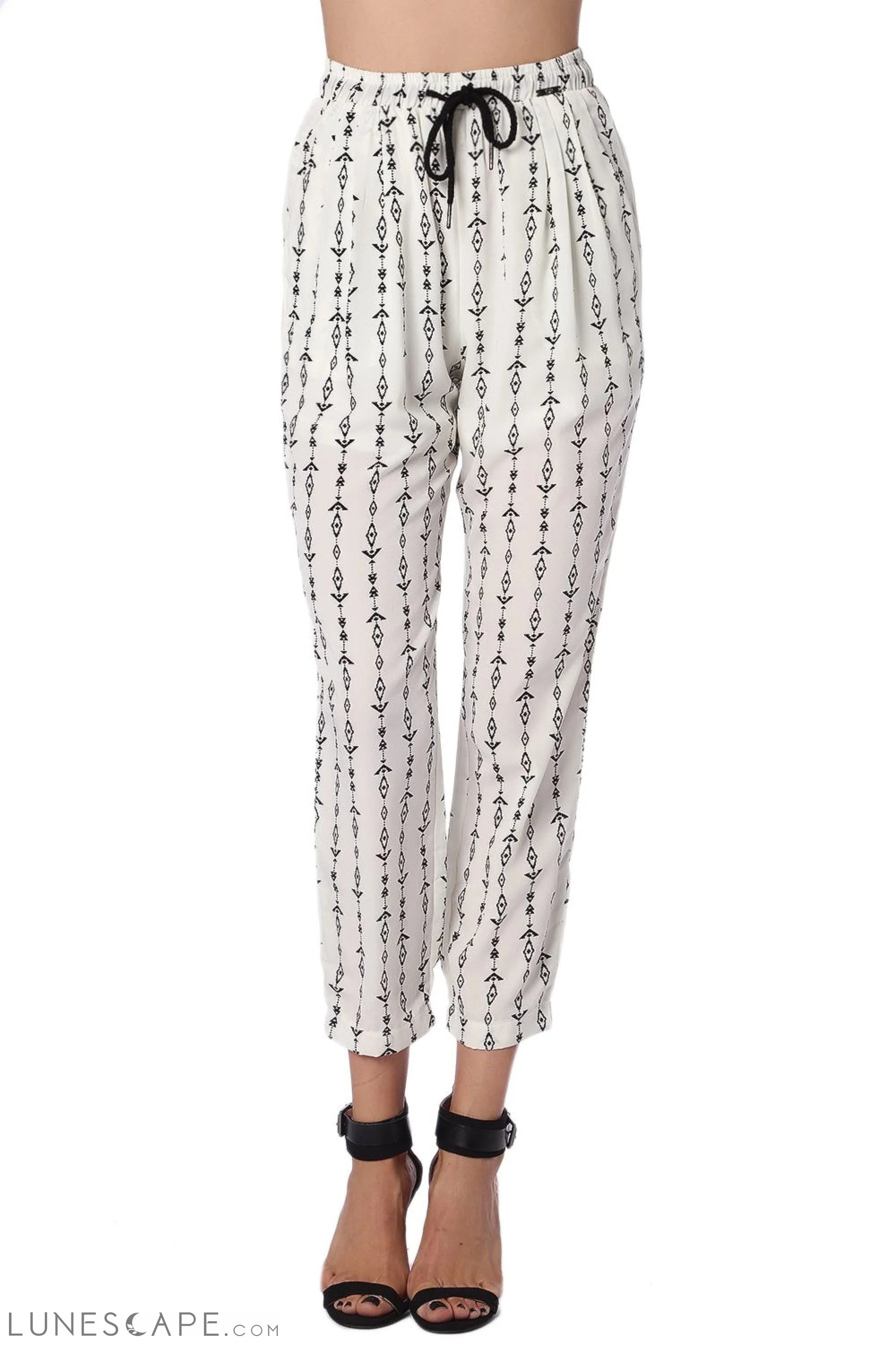 Cream Pants With Contrast Geo-Tribal Print Casual Trousers - Women