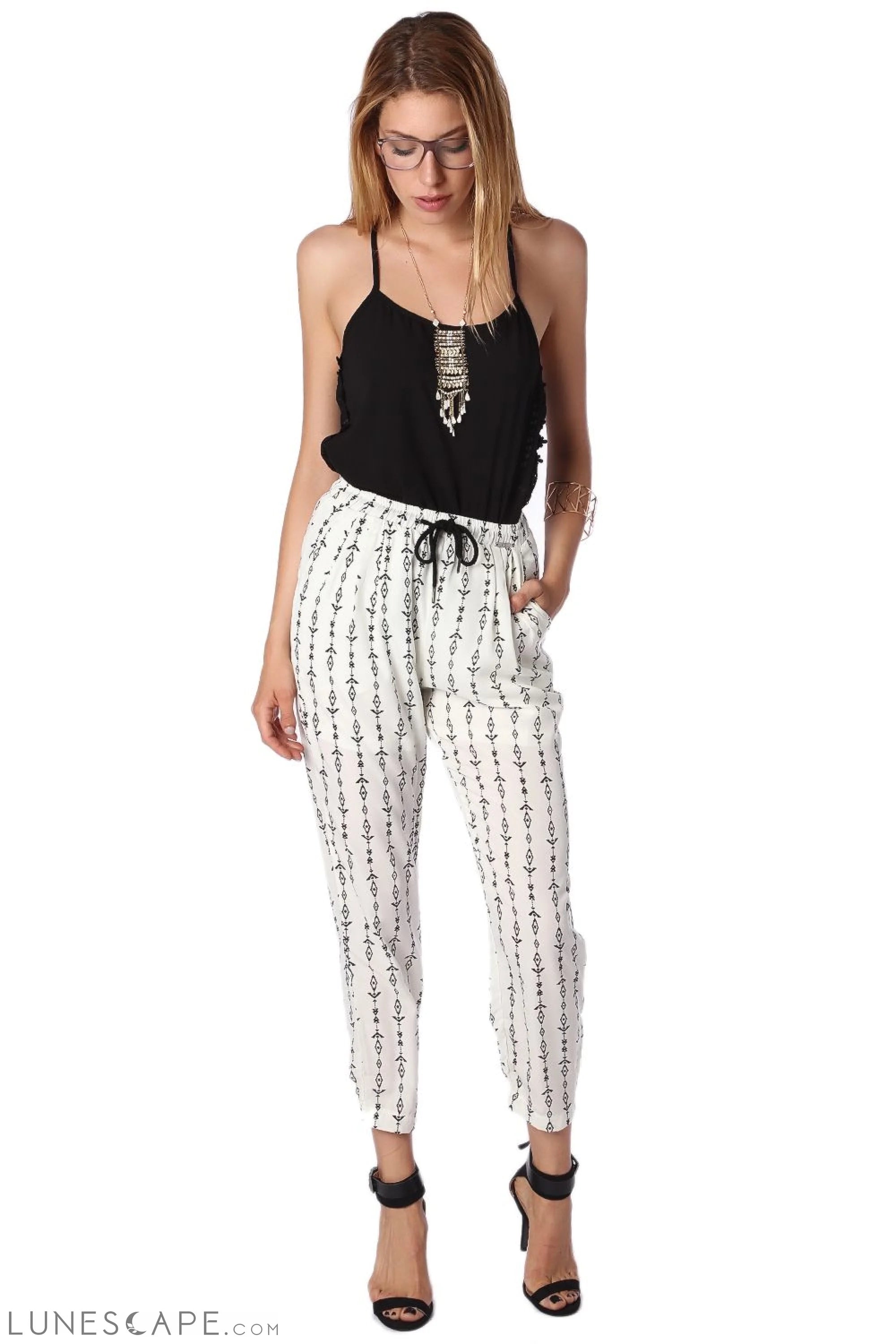 Cream Pants With Contrast Geo-Tribal Print Casual Trousers - Women