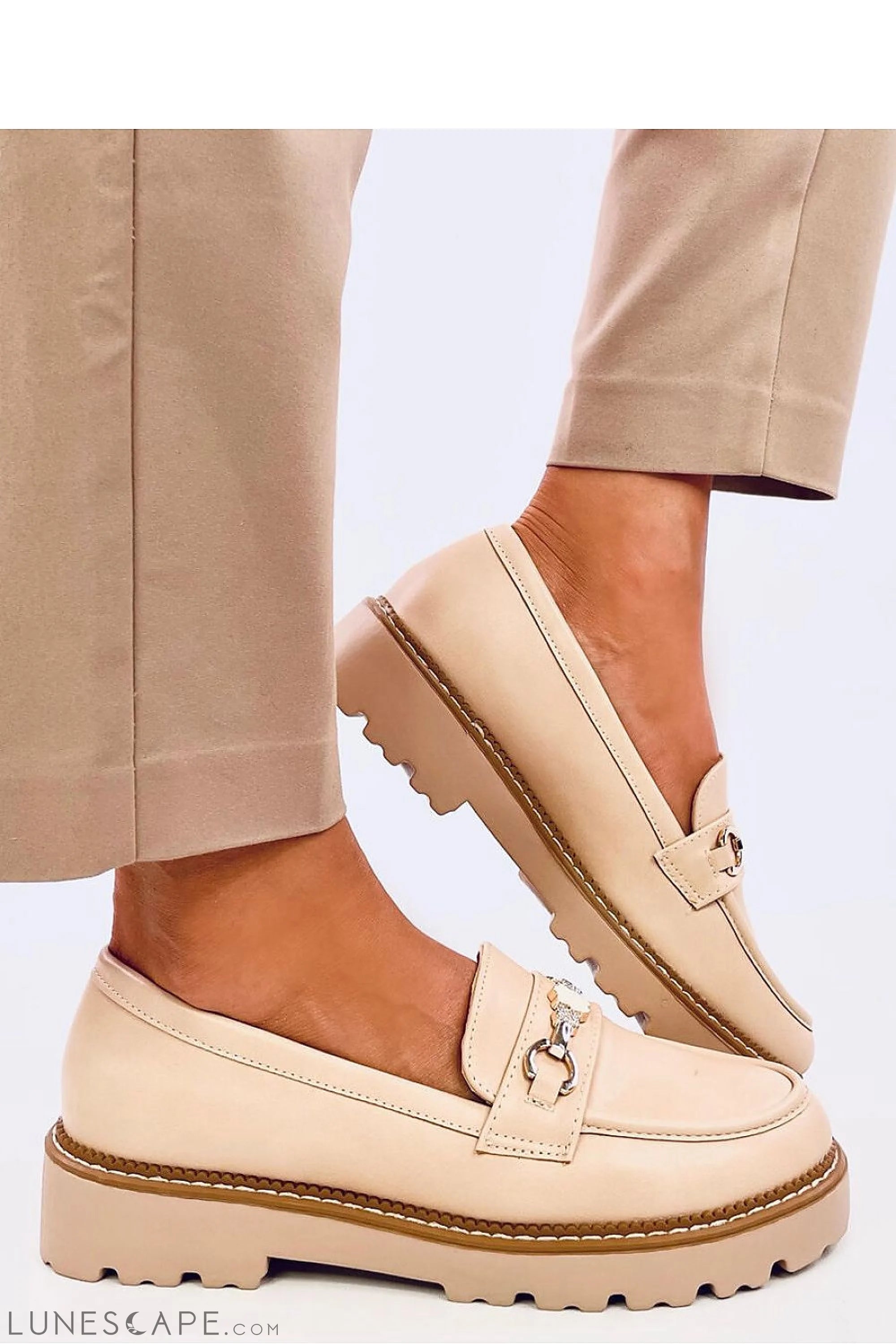 Cream Platform Loafers with Gold Horsebit Detail and Sculpted Lug Sole LUNESCAPE