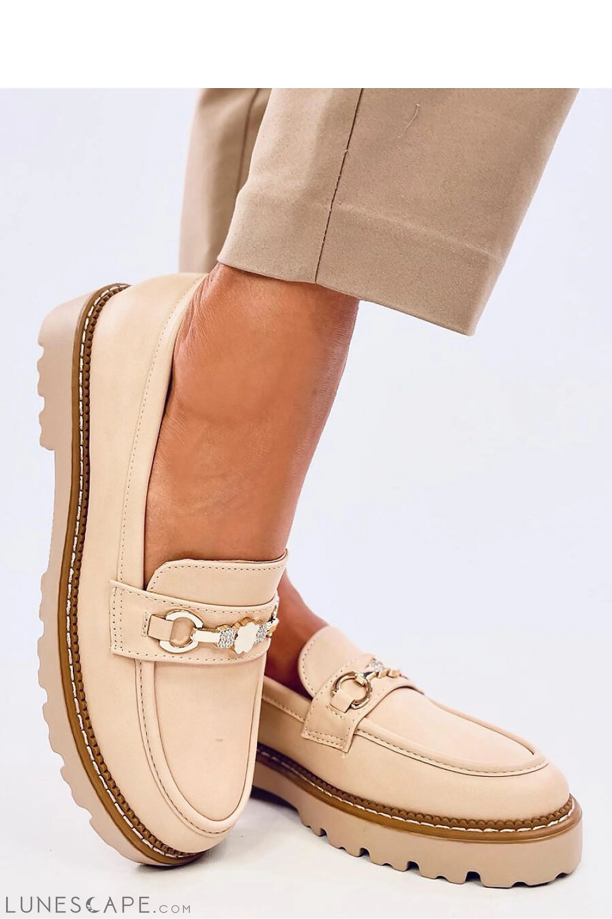 Cream Platform Loafers with Gold Horsebit Detail and Sculpted Lug Sole LUNESCAPE