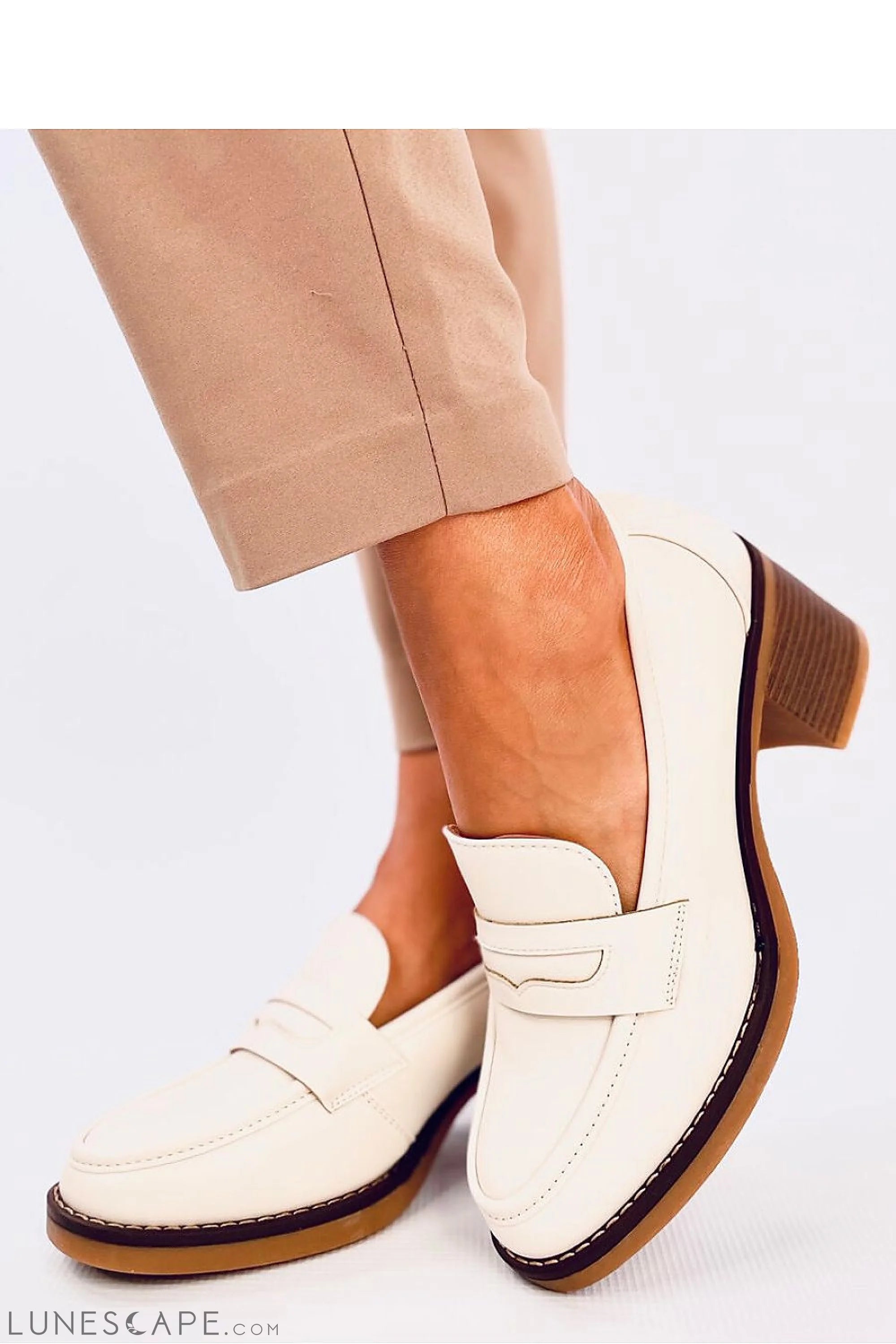 Cream Vegan Leather Block Heel Classic Penny Strap Womens Loafers LUNESCAPE