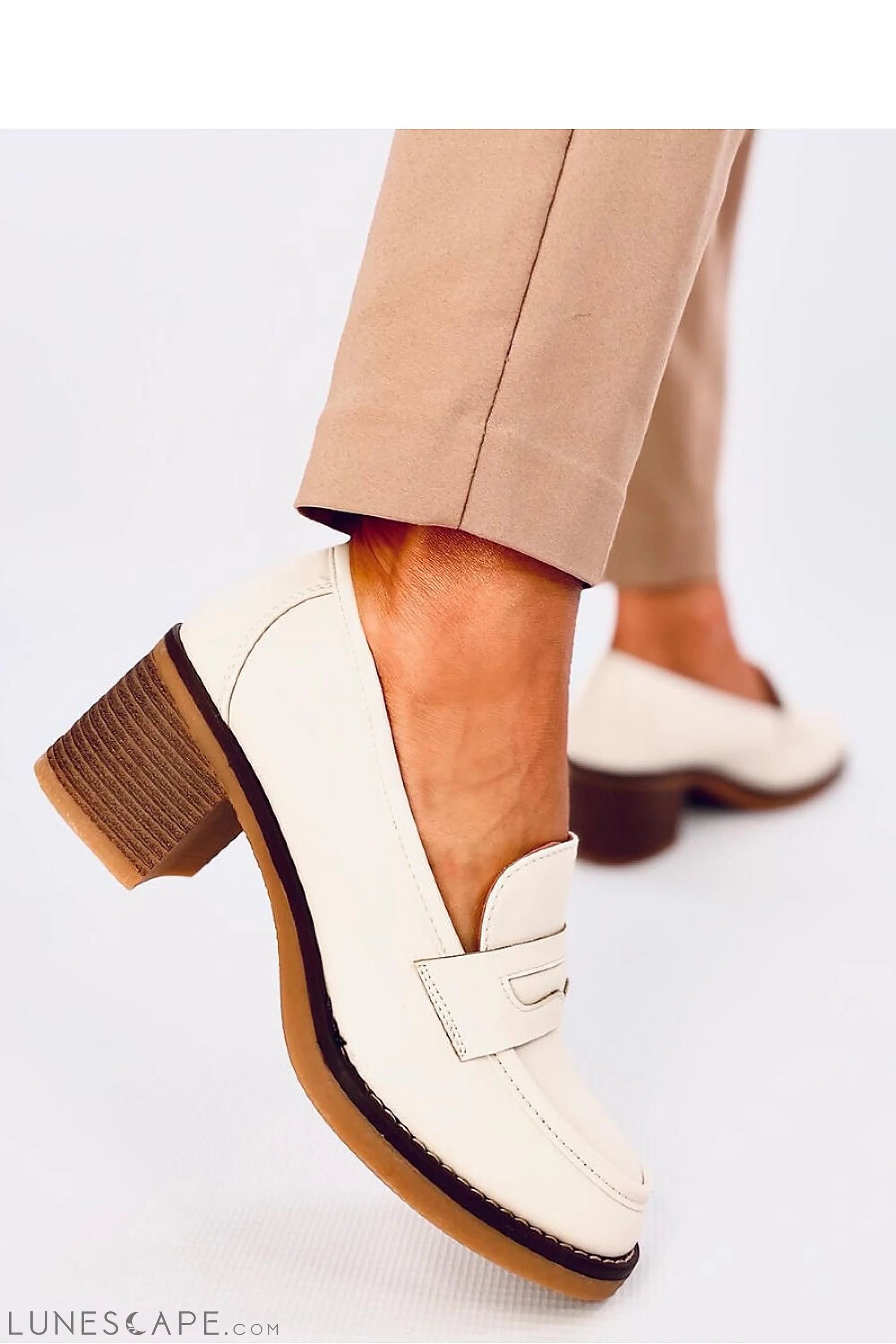 Cream Vegan Leather Block Heel Classic Penny Strap Womens Loafers LUNESCAPE