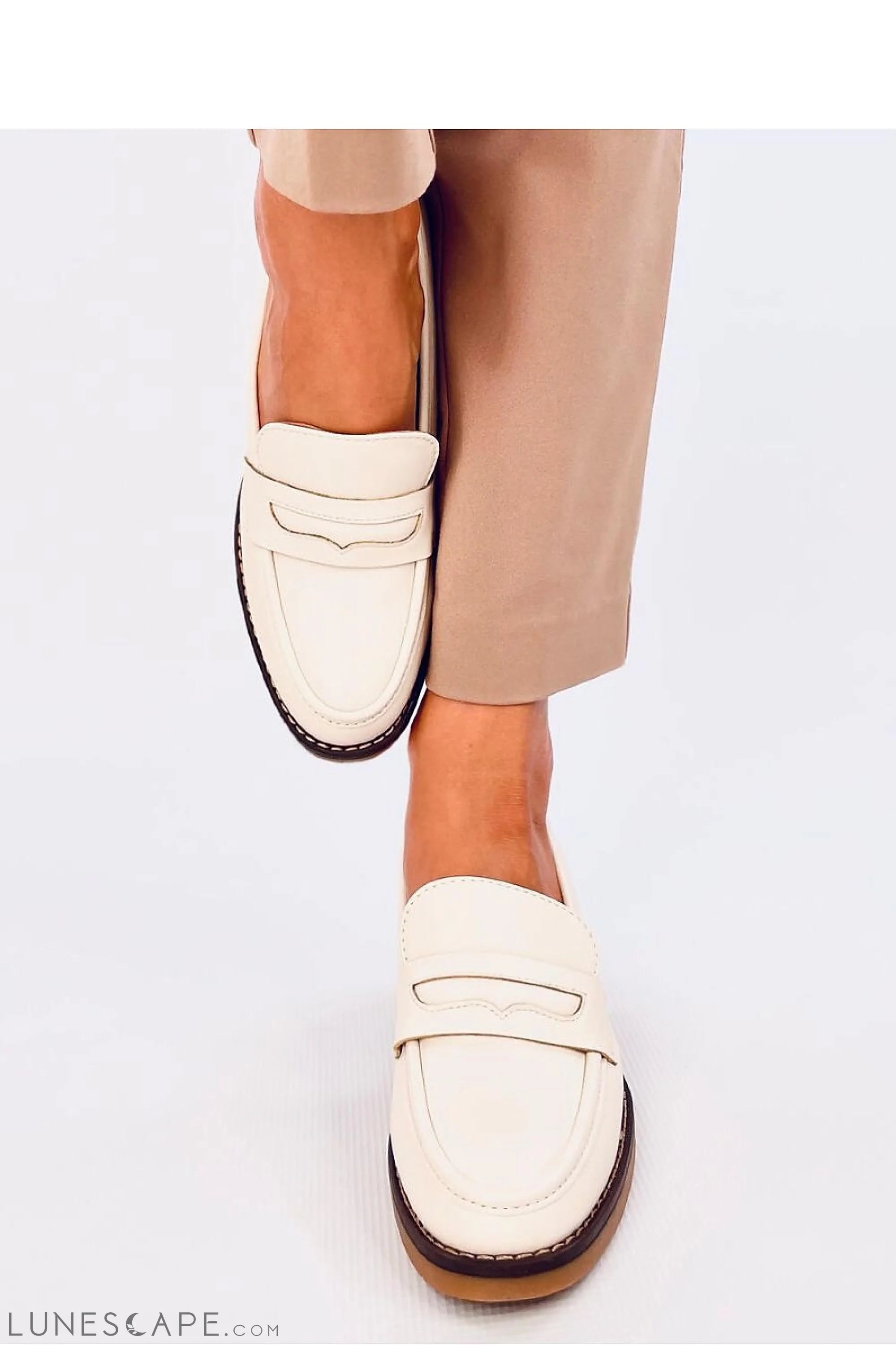 Cream Vegan Leather Block Heel Classic Penny Strap Womens Loafers LUNESCAPE