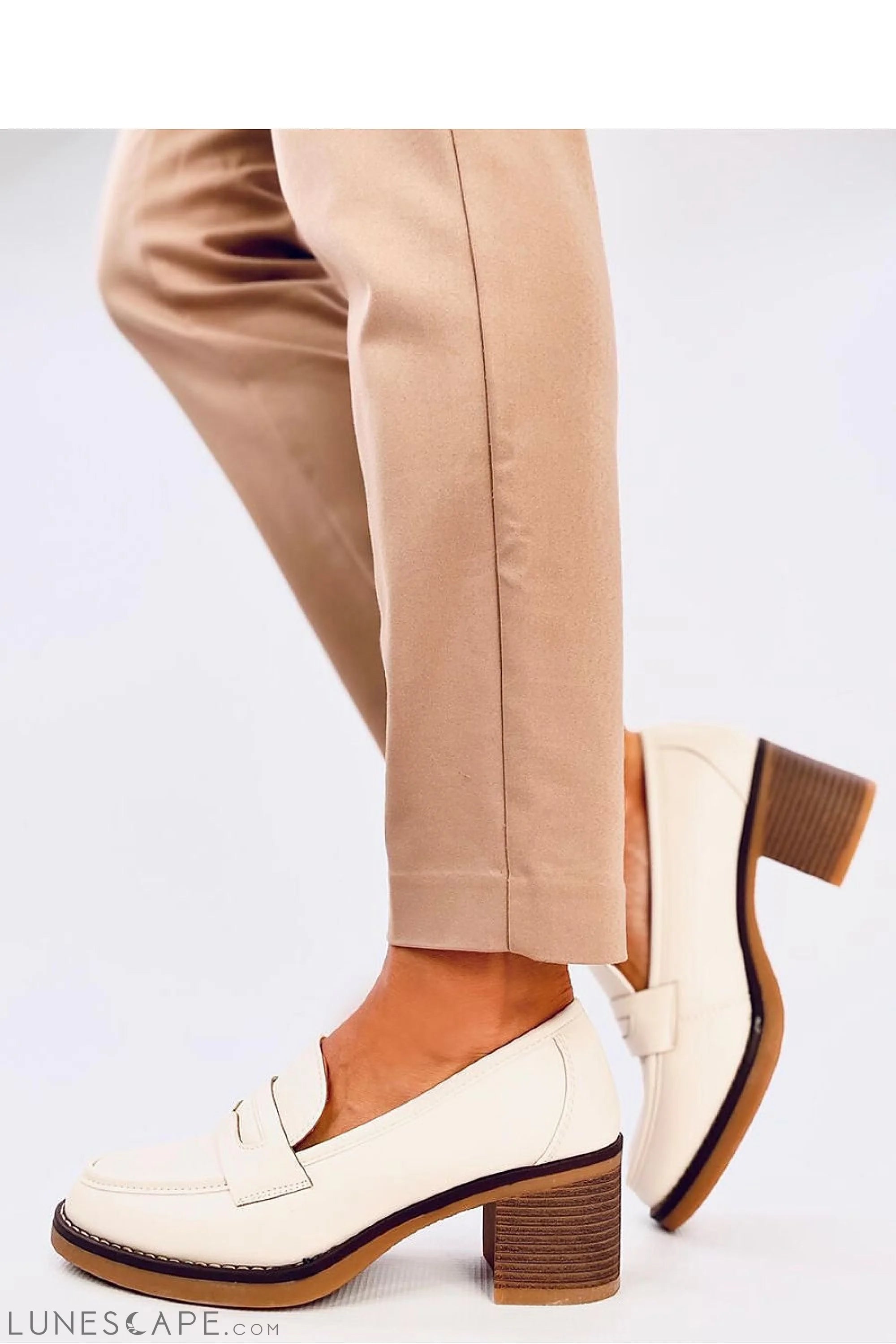 Cream Vegan Leather Block Heel Classic Penny Strap Womens Loafers LUNESCAPE