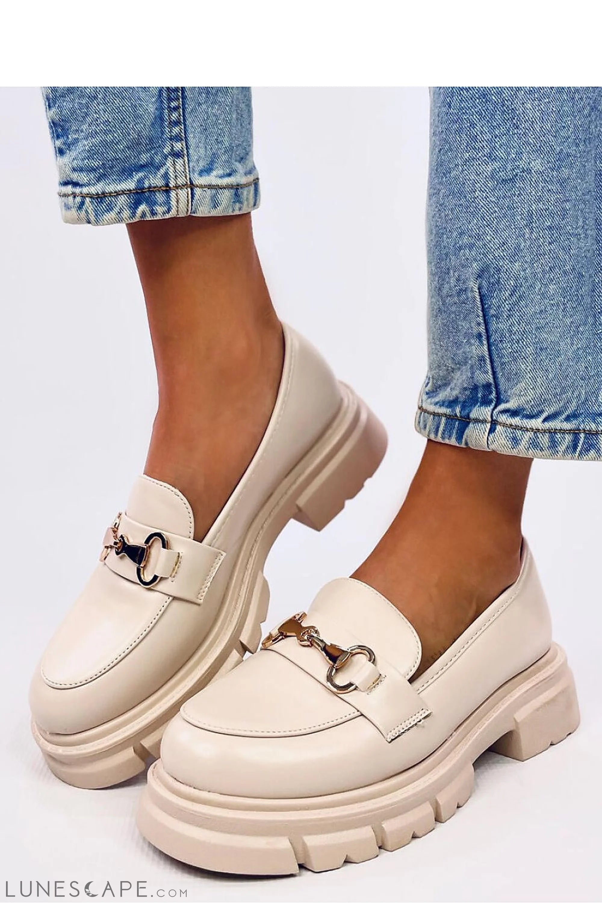 Cream Vegan Leather Chunky Loafers – Horsebit Detail & Platform Sole LUNESCAPE
