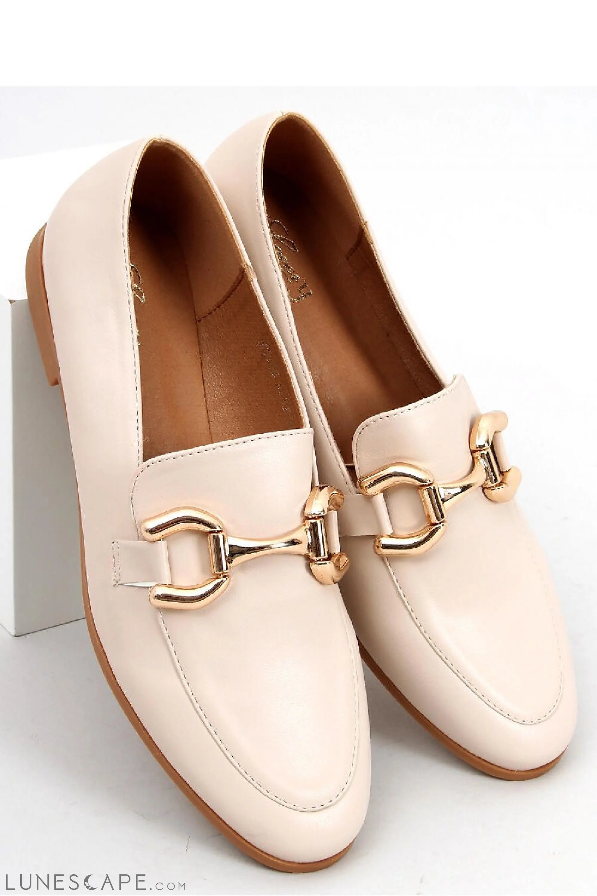 Cream Vegan Leather Loafers with Sculptural Gold Horsebit and Almond Toe LUNESCAPE