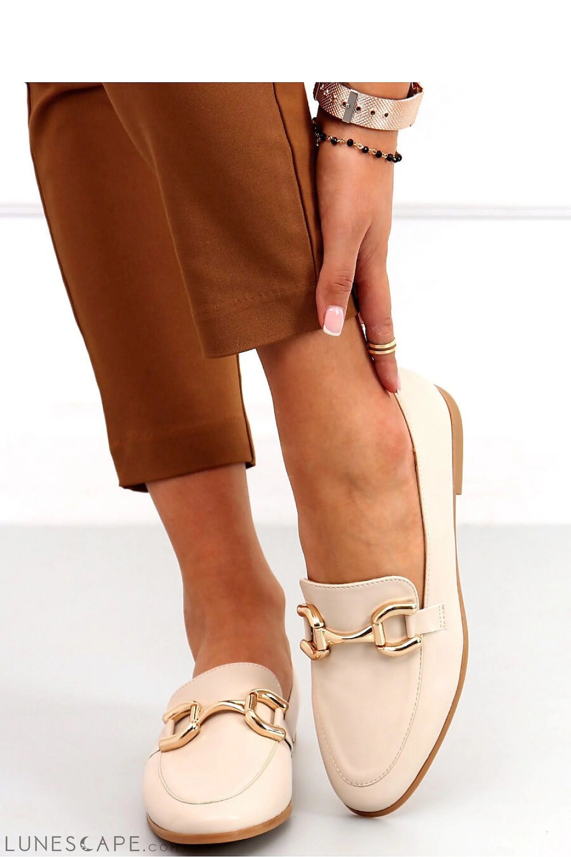 Cream Vegan Leather Loafers with Sculptural Gold Horsebit and Almond Toe LUNESCAPE