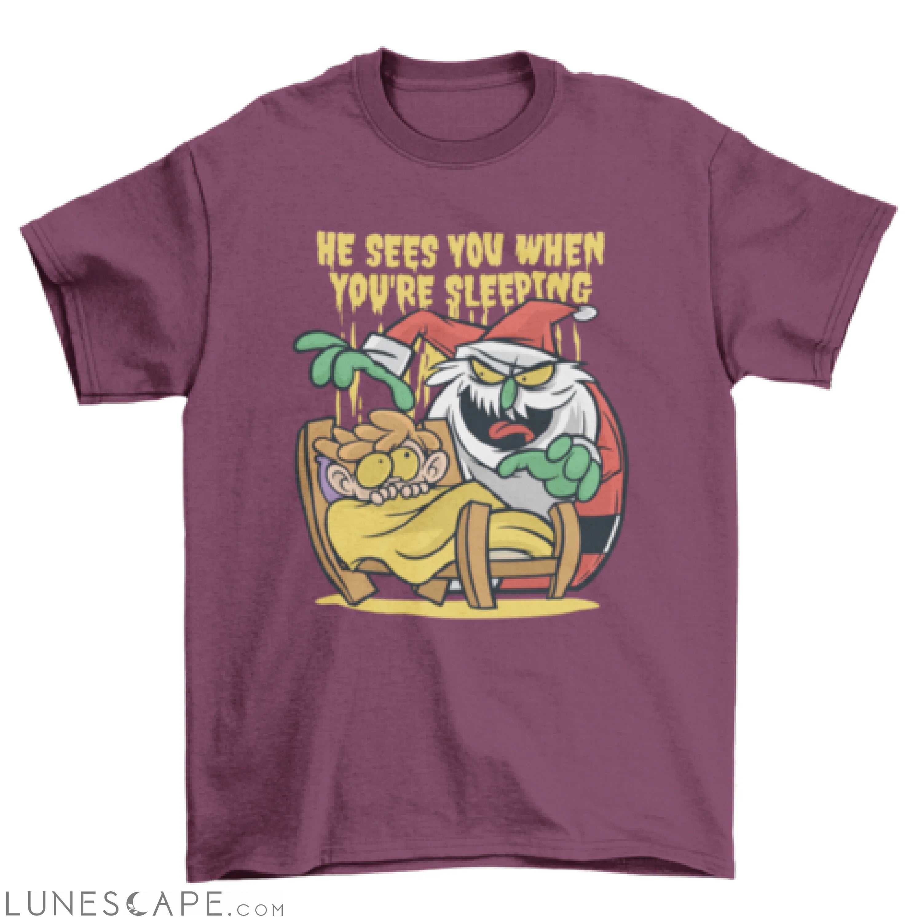 Creepy Santa Claus with the quote He sees you when you're sleeping LUNESCAPE