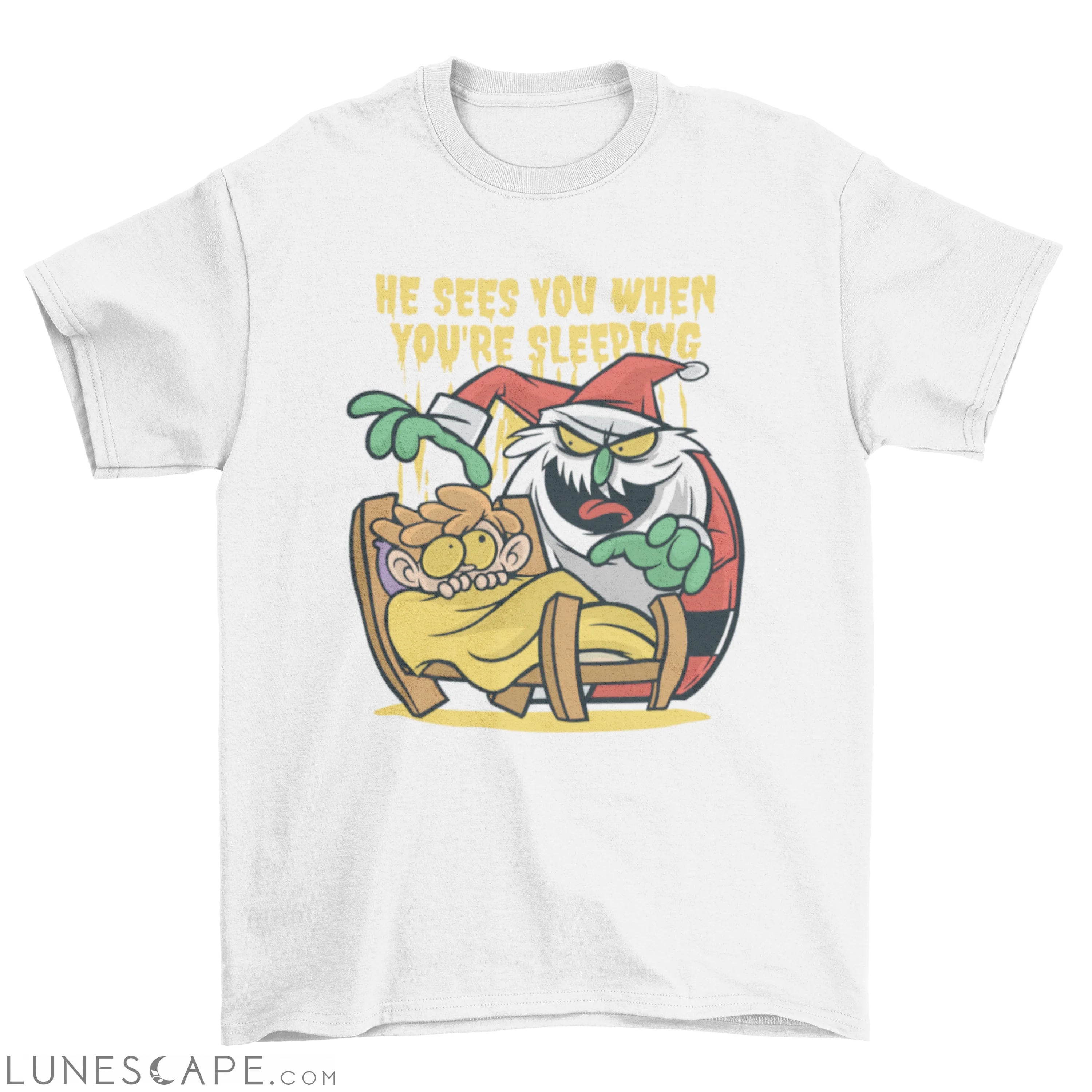 Creepy Santa Claus with the quote He sees you when you're sleeping LUNESCAPE