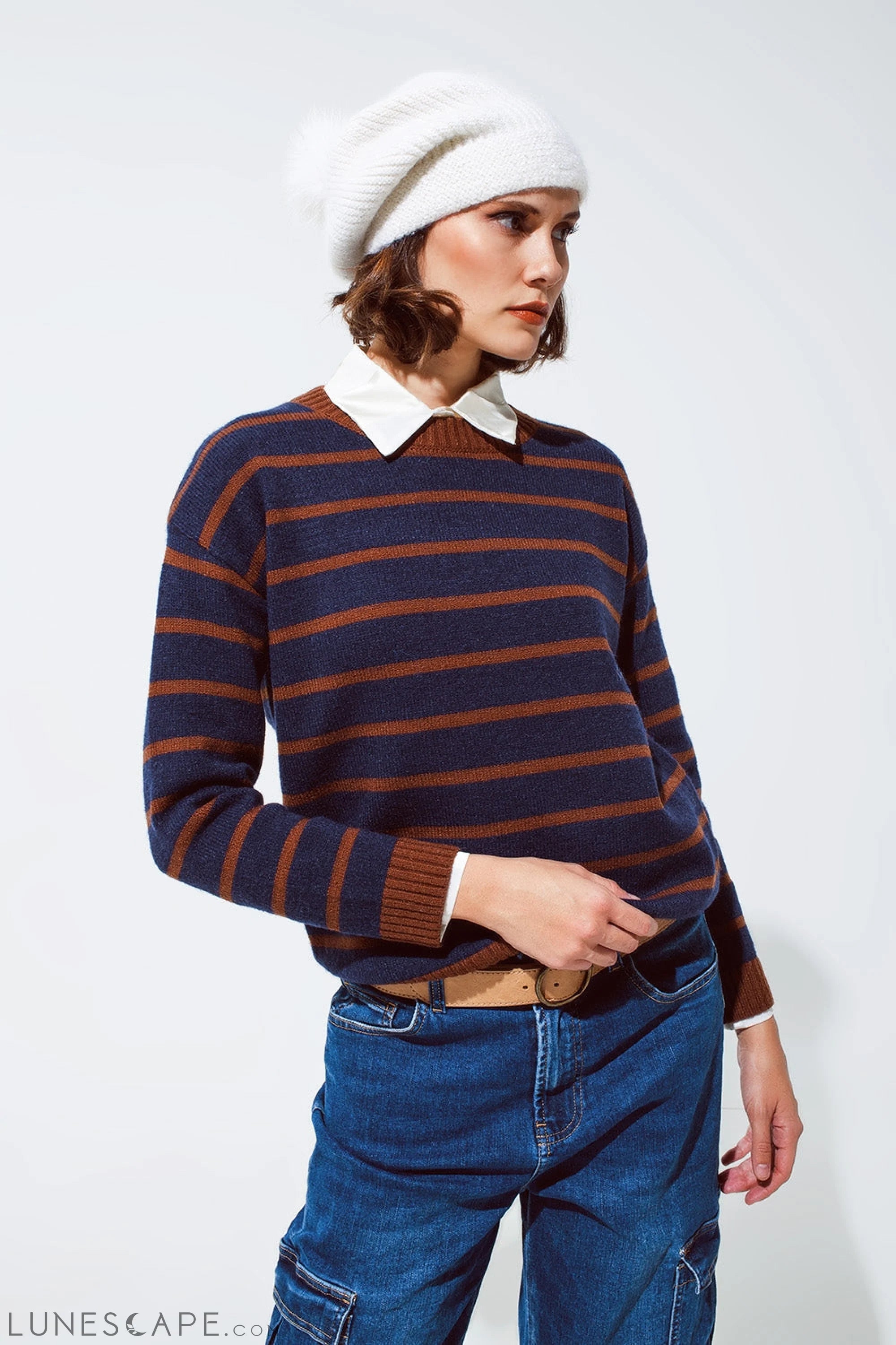 Crew Neck Stripy Sweater in Navy and Rust Orange LUNESCAPE