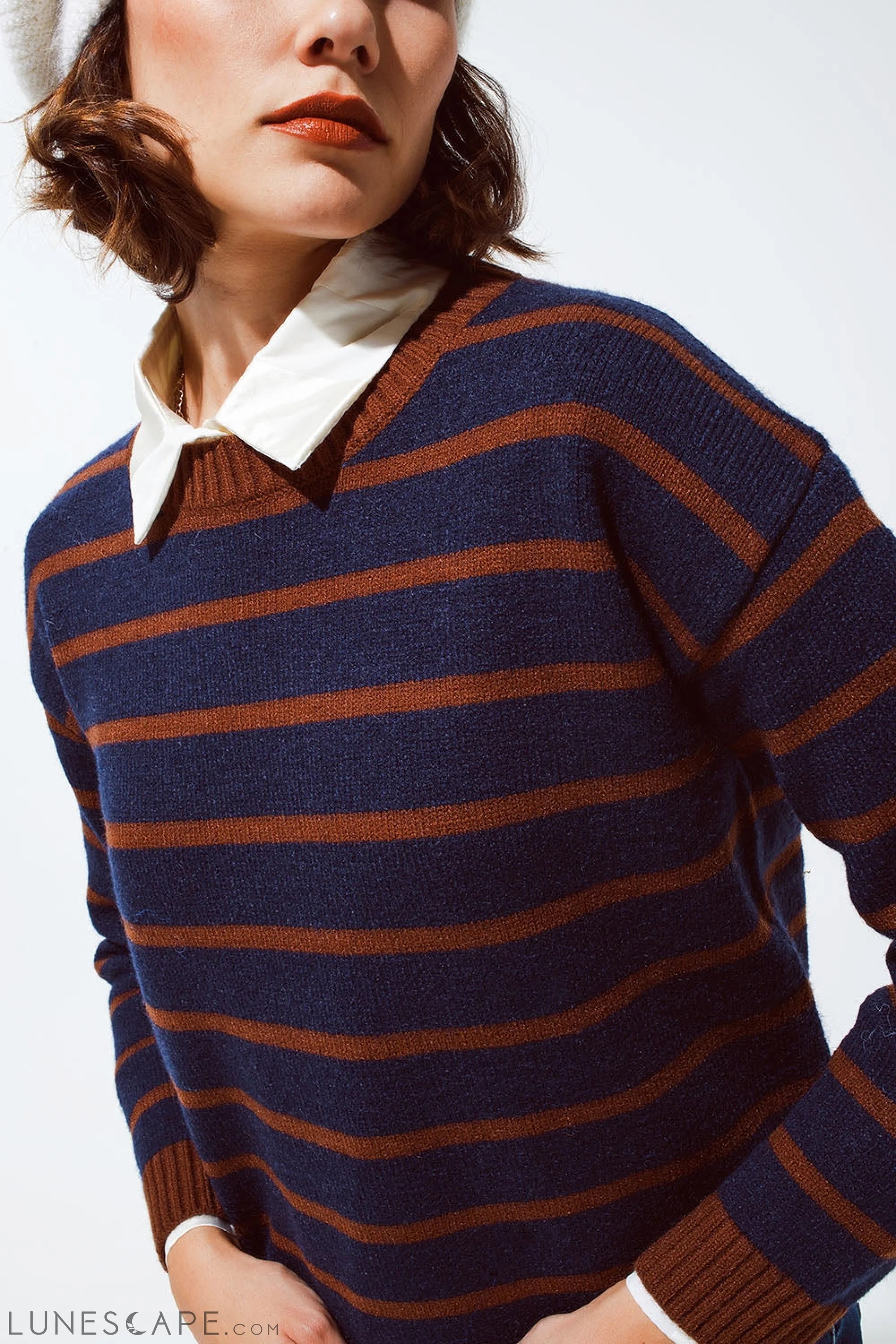 Crew Neck Stripy Sweater in Navy and Rust Orange LUNESCAPE