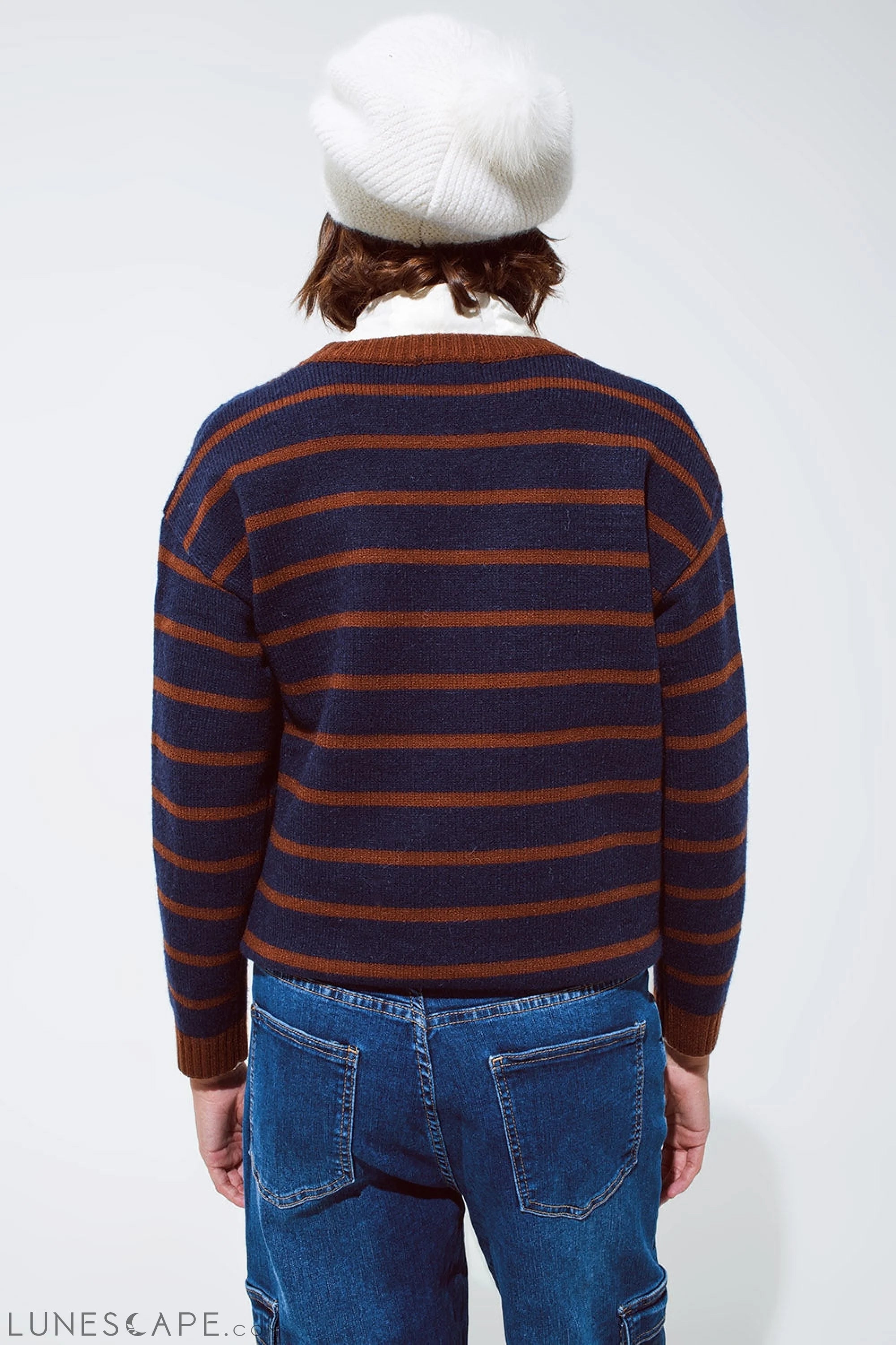 Crew Neck Stripy Sweater in Navy and Rust Orange LUNESCAPE