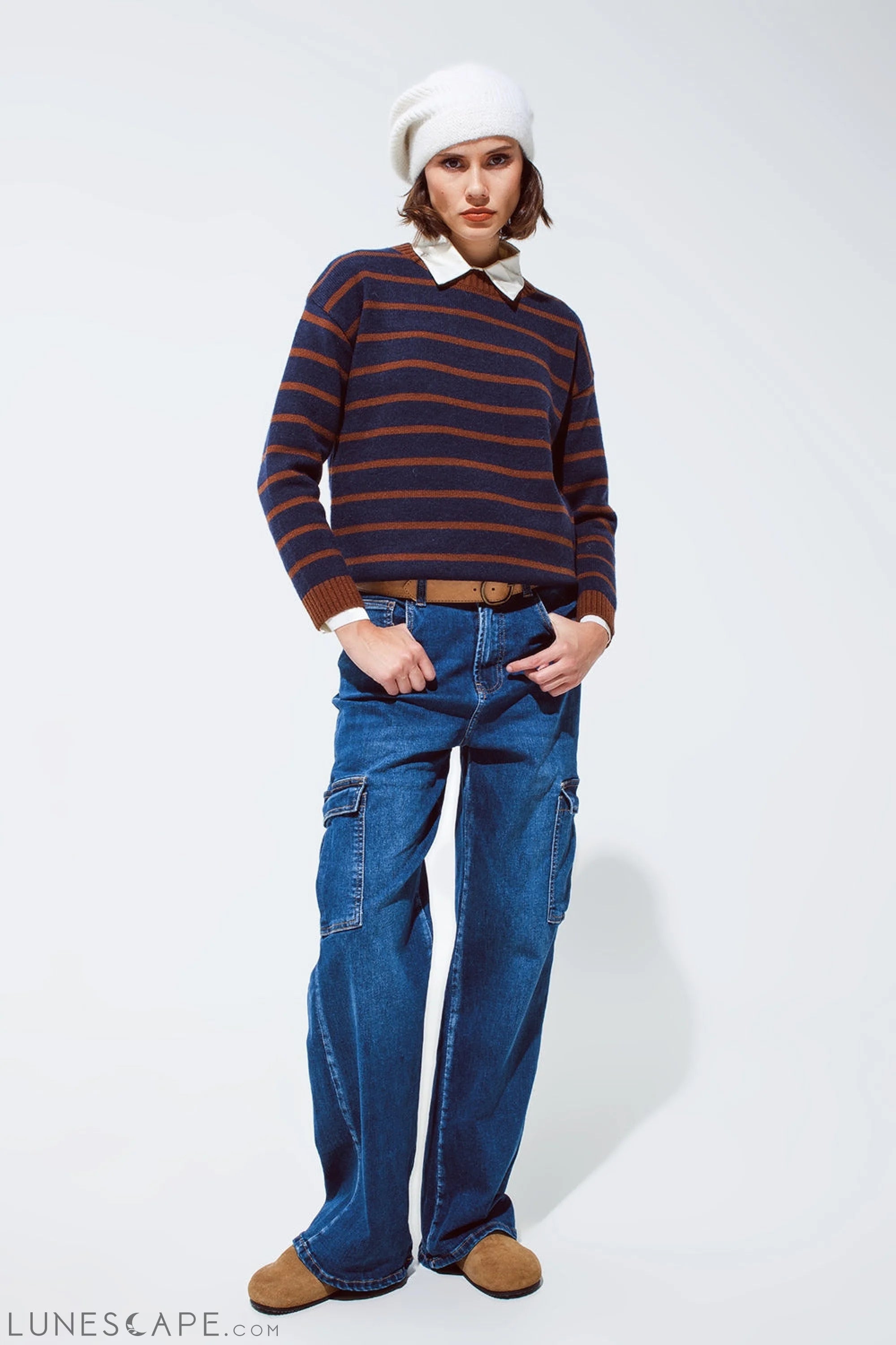 Crew Neck Stripy Sweater in Navy and Rust Orange LUNESCAPE