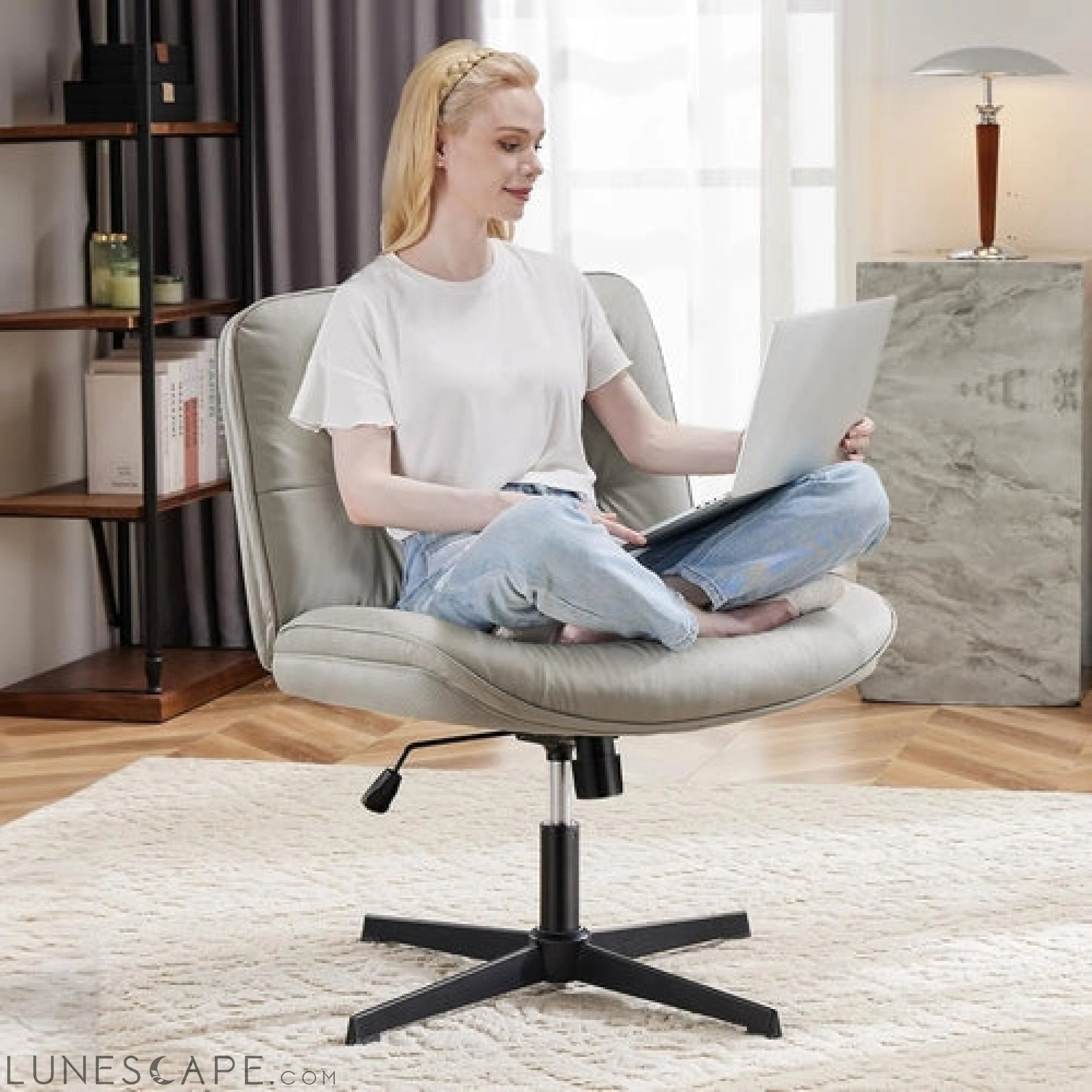 Criss Cross Legged Chair, Armless Office Desk Wide Seat No Wheels, LUNESCAPE