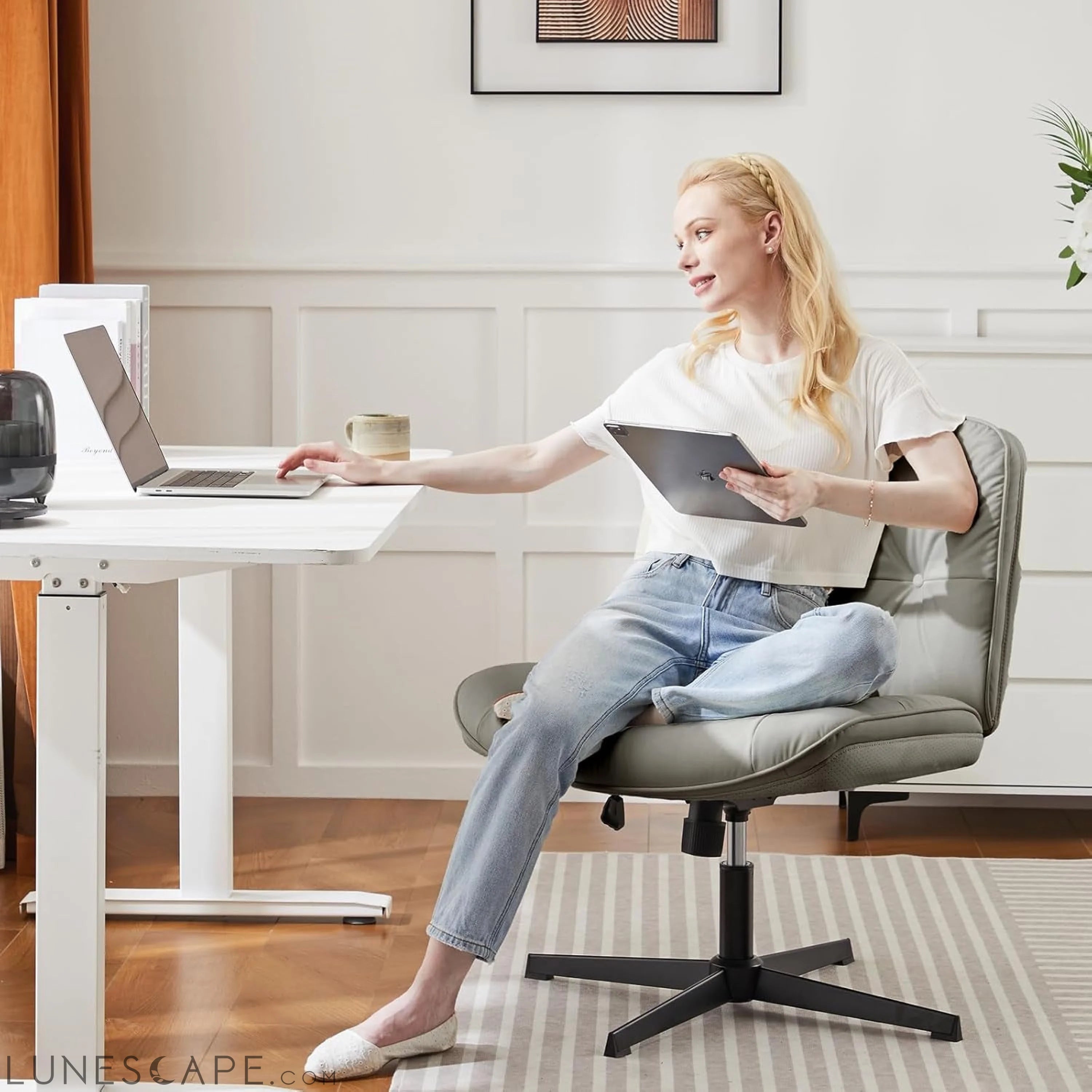 Criss Cross Legged Chair, Armless Office Desk Wide Seat No Wheels, LUNESCAPE