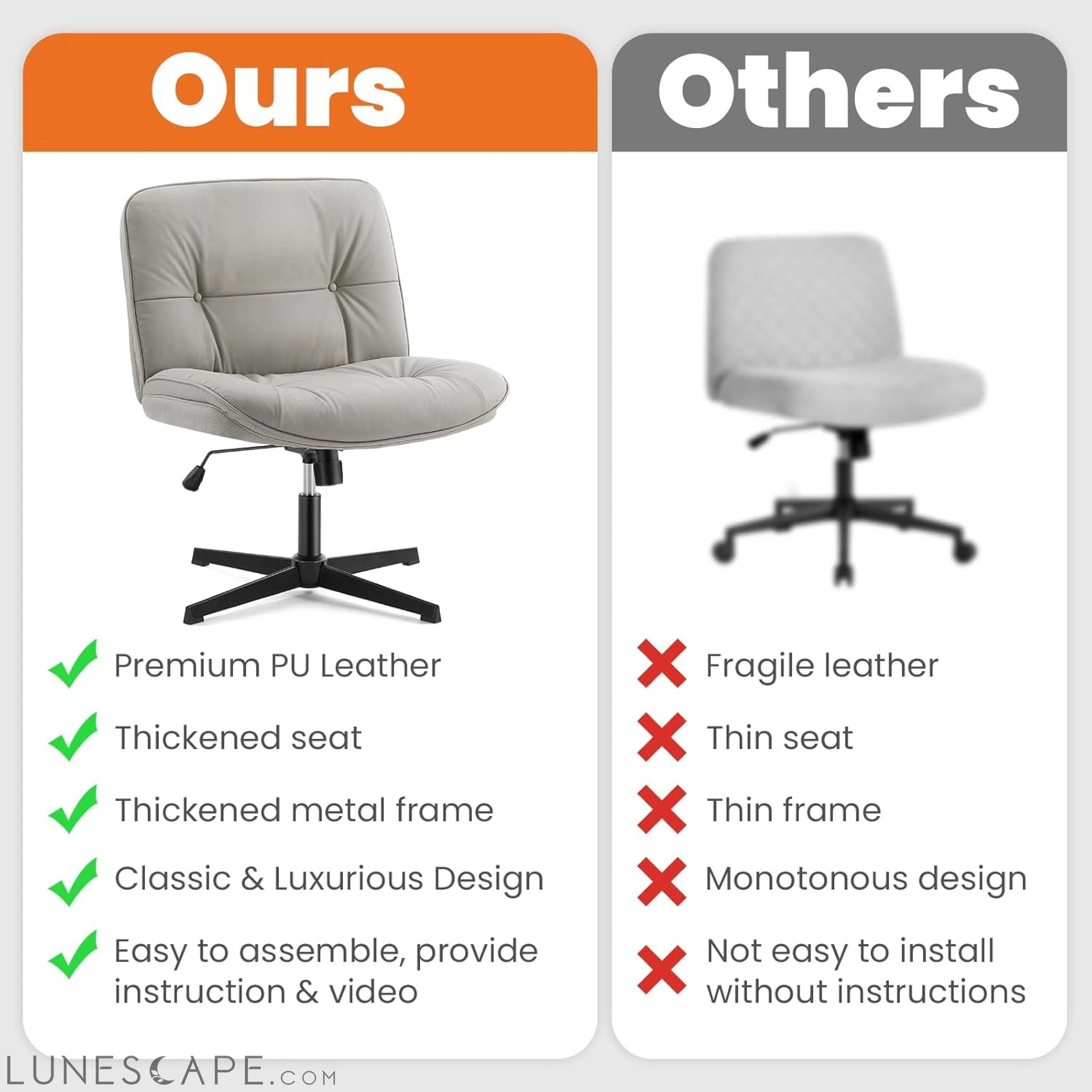 Criss Cross Legged Chair, Armless Office Desk Wide Seat No Wheels, LUNESCAPE