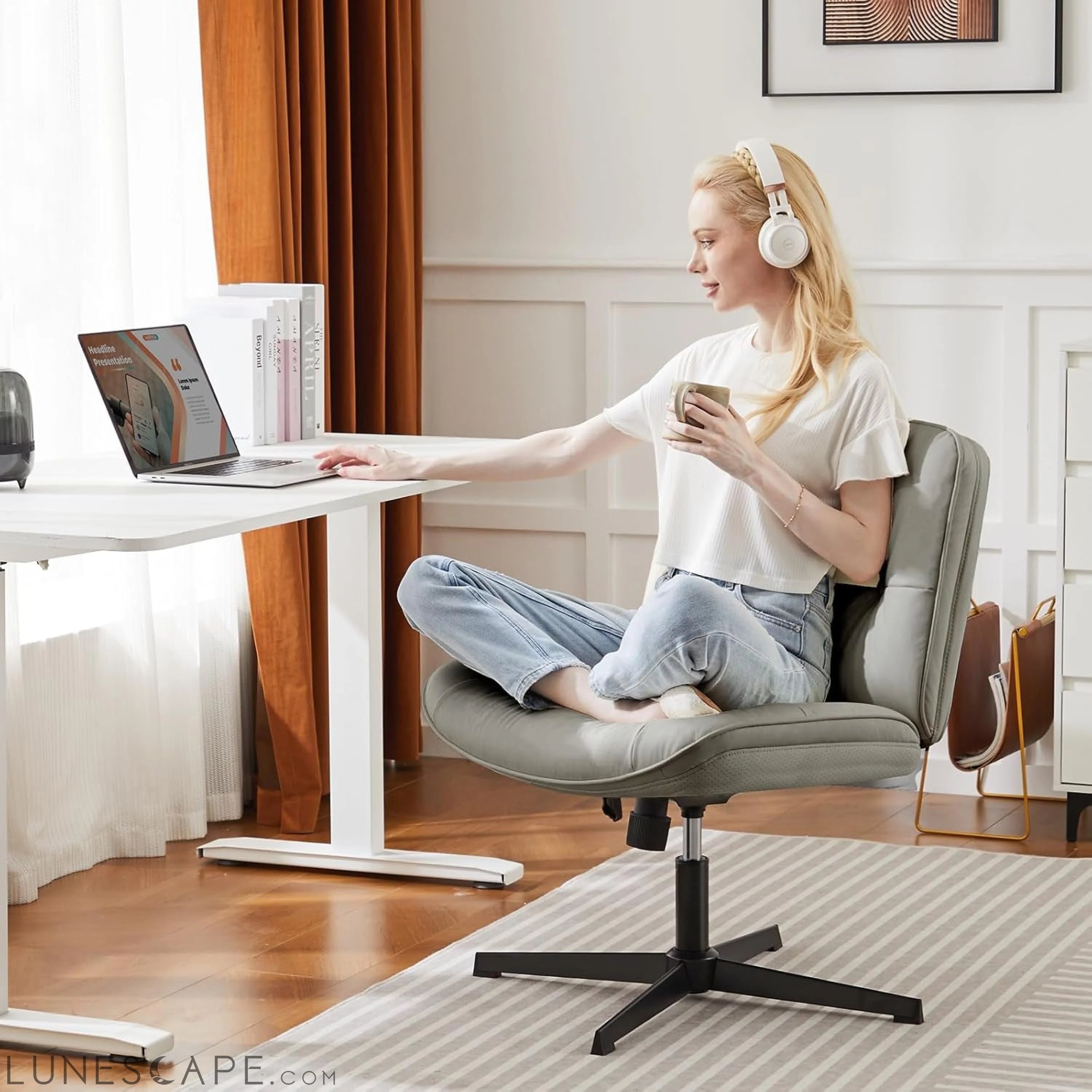 Criss Cross Legged Chair, Armless Office Desk Wide Seat No Wheels, LUNESCAPE