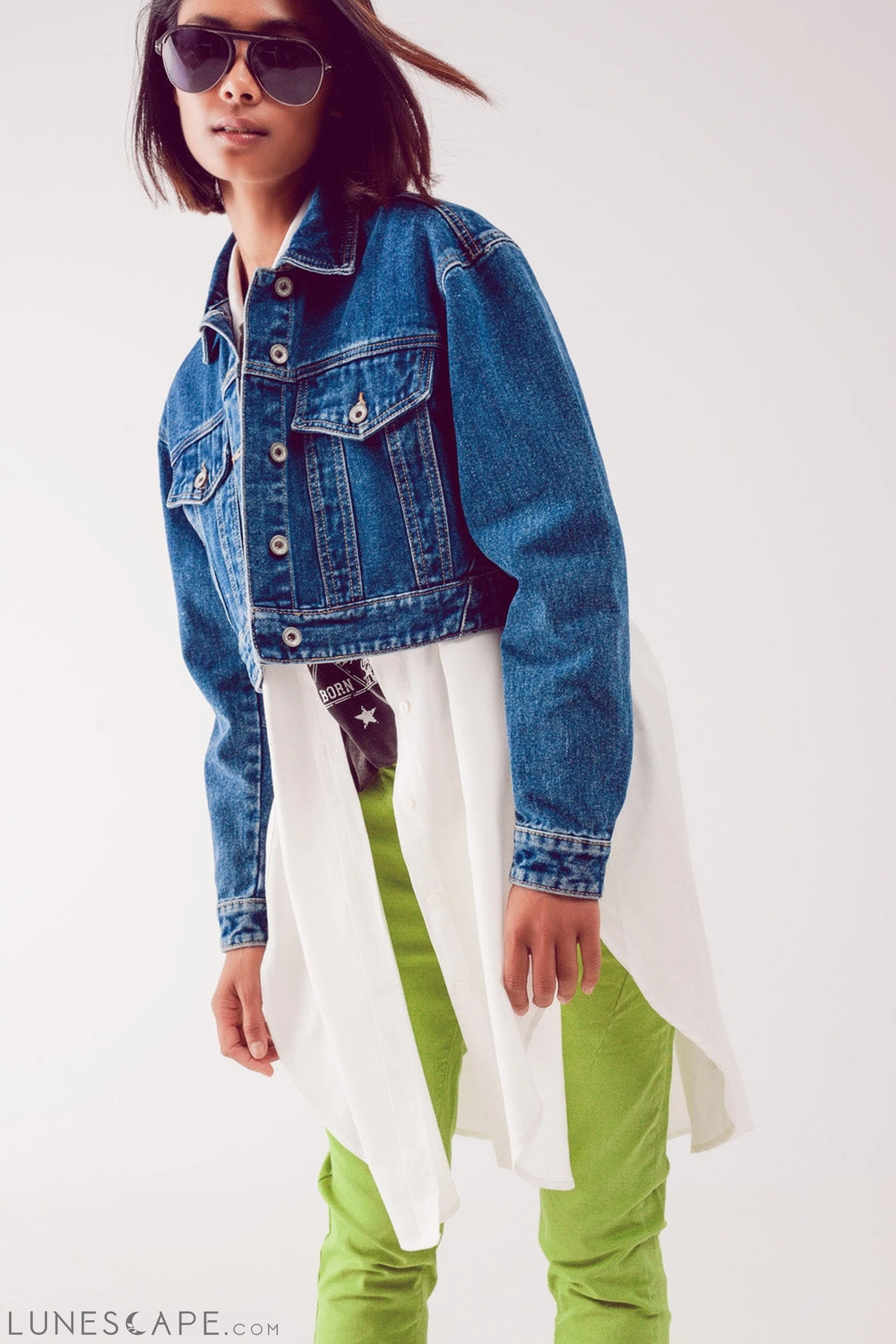 Cropped Denim Jacket in Mid Blue LUNESCAPE