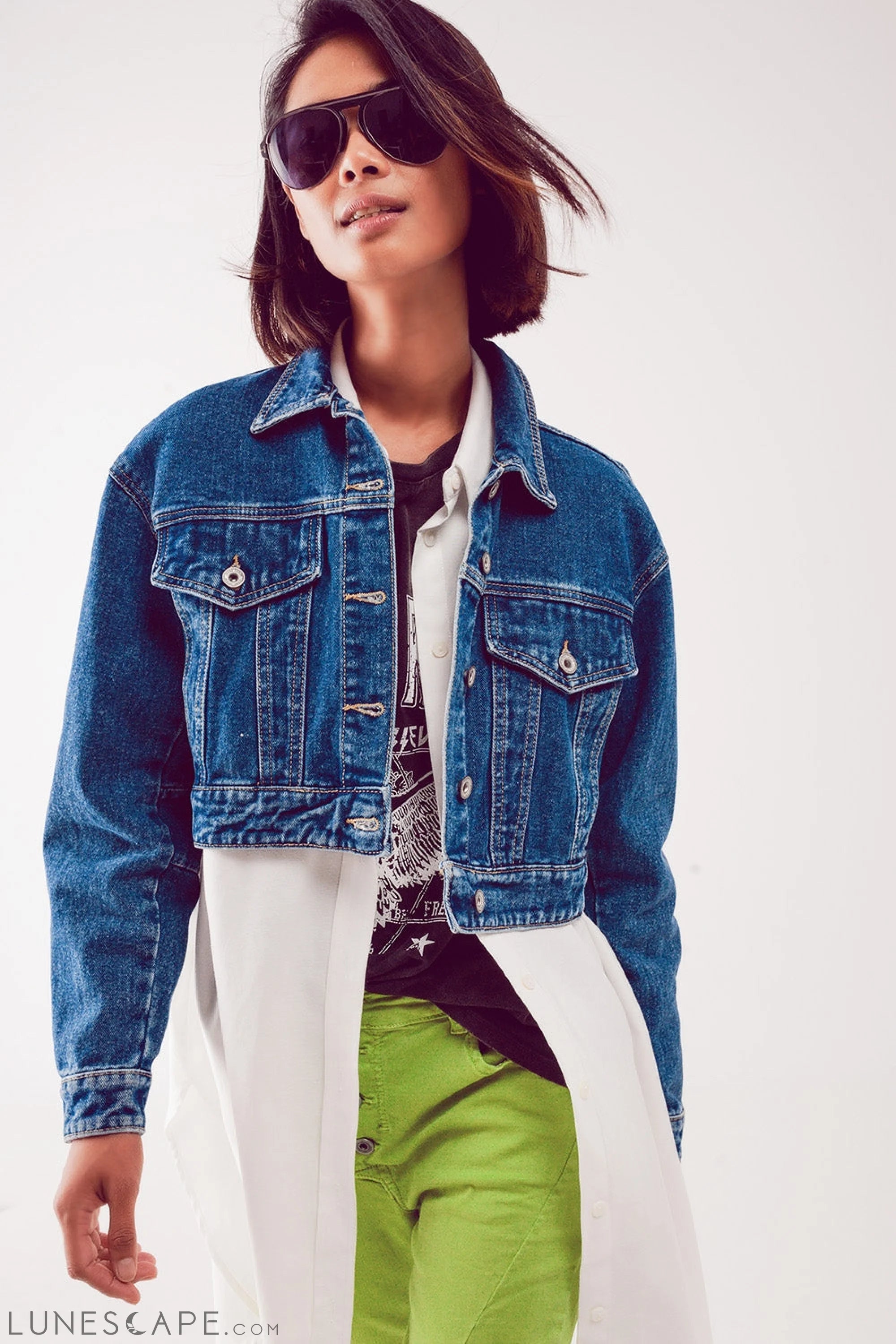 Cropped Denim Jacket in Mid Blue LUNESCAPE