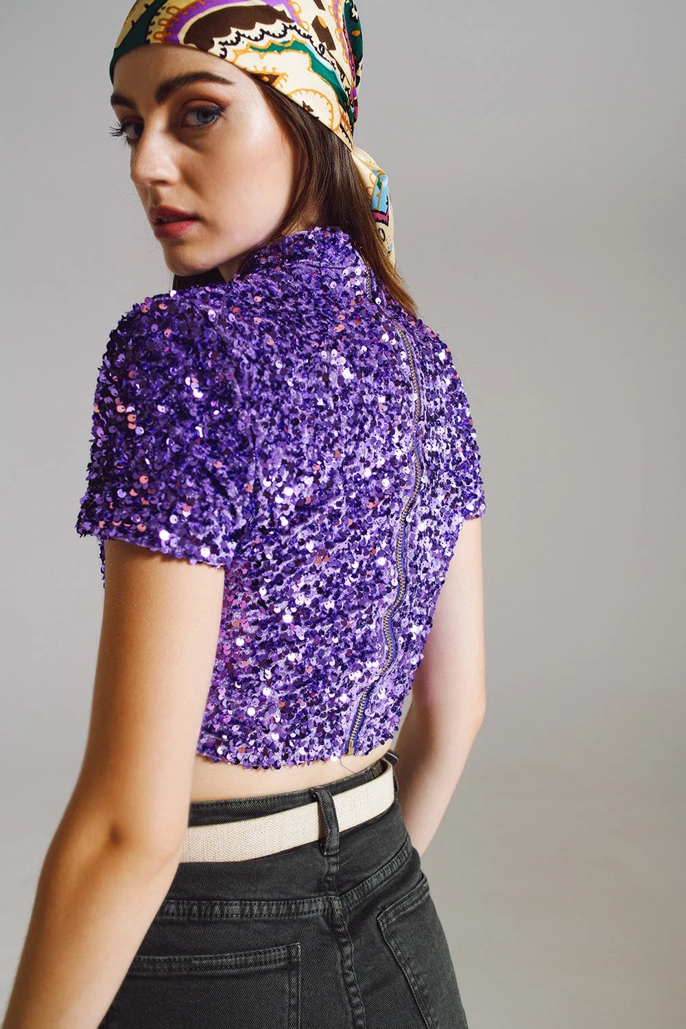 Cropped High Neck Top in Purple Sequin LUNESCAPE