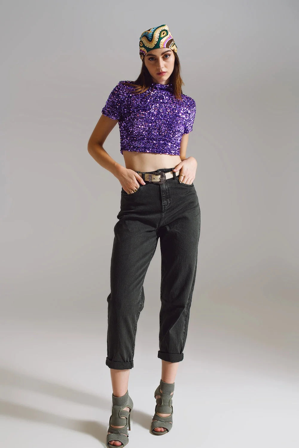 Cropped High Neck Top in Purple Sequin LUNESCAPE