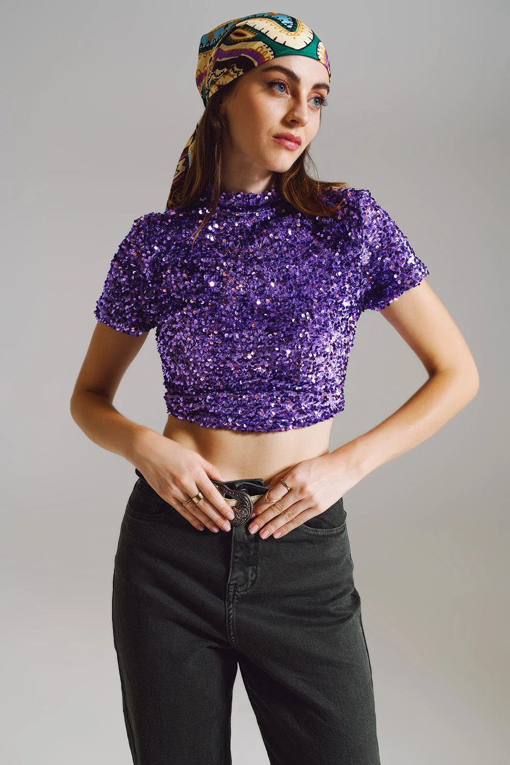 Cropped High Neck Top in Purple Sequin LUNESCAPE
