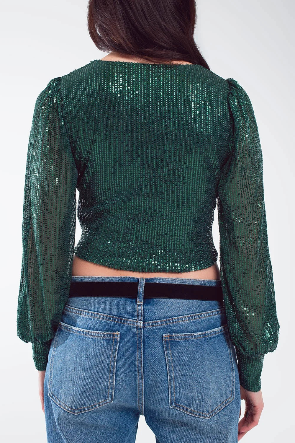 Cropped Long Sleeve Sequin Top With V-Neck and Rouched Design in Green LUNESCAPE