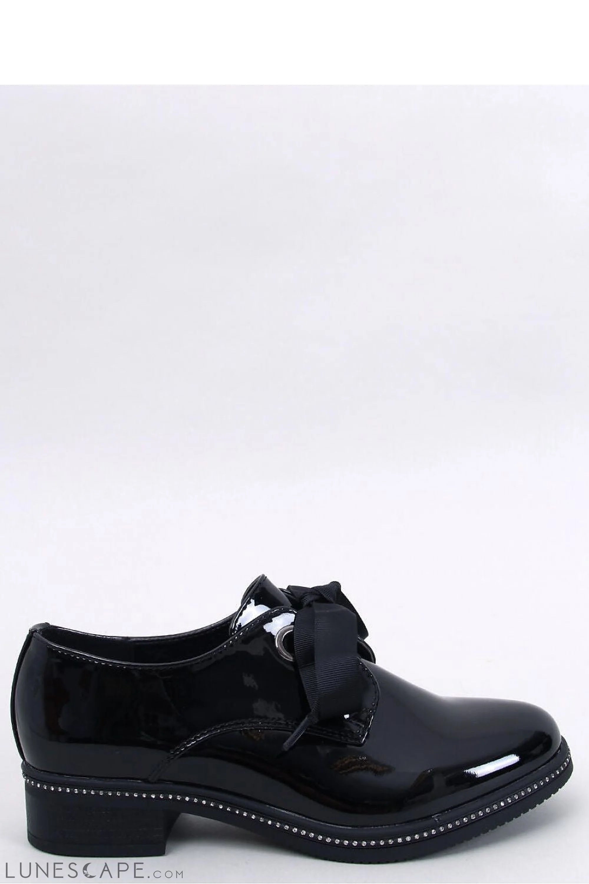Crystal-Embellished Black Patent Women's Oxfords – Satin Ribbon Lace Detail LUNESCAPE