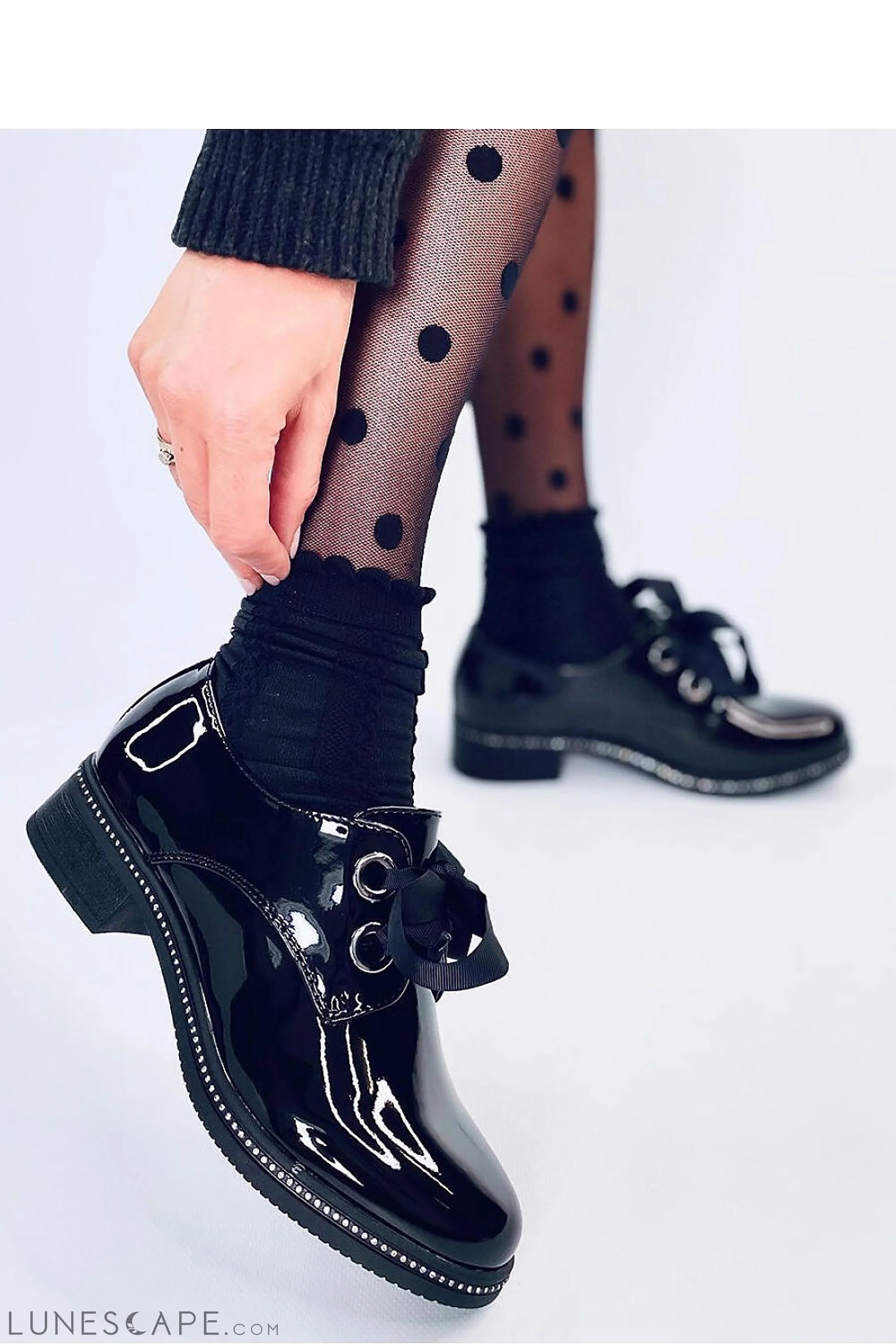 Crystal-Embellished Black Patent Women's Oxfords – Satin Ribbon Lace Detail LUNESCAPE