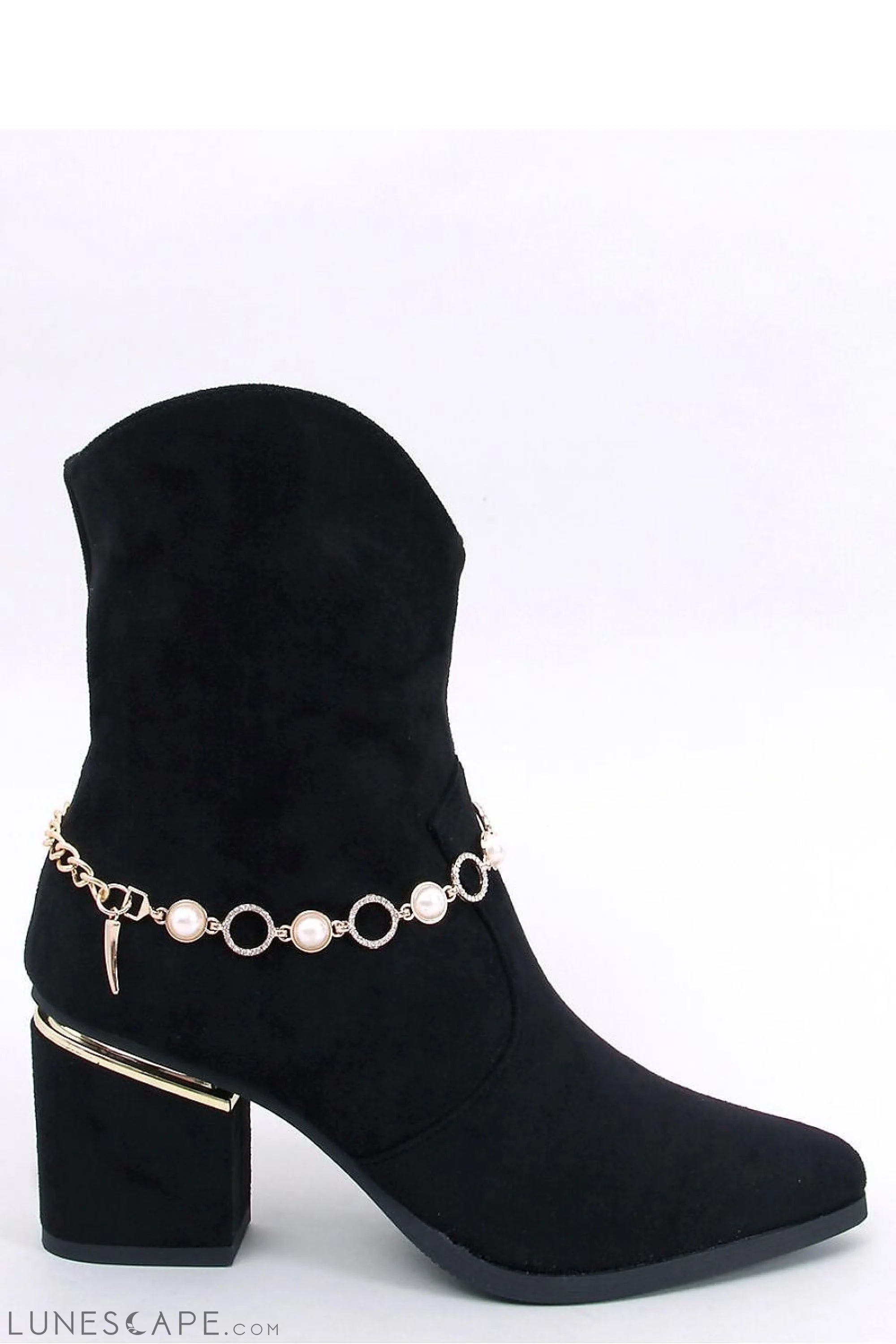 Crystal & Pearl Embellished Western Ankle Boot with Block Heel LUNESCAPE