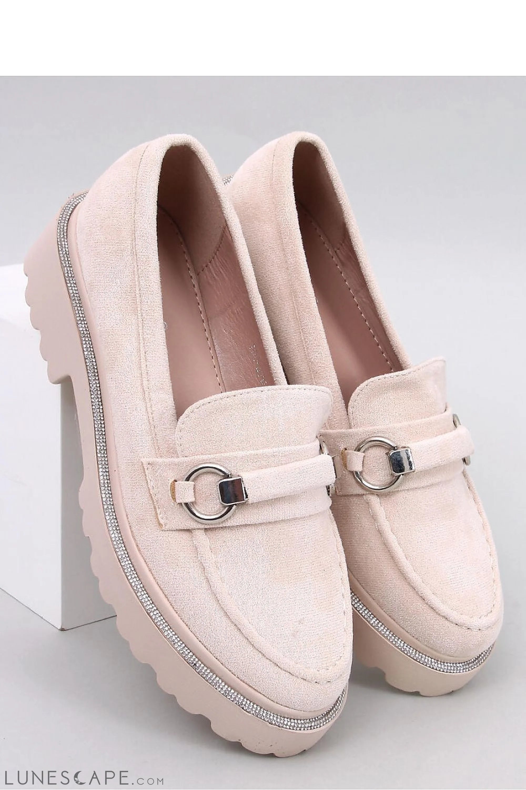 Crystal Trim Blush Eco-Suede Loafers for Women – Moc Toe with Silver Accents LUNESCAPE