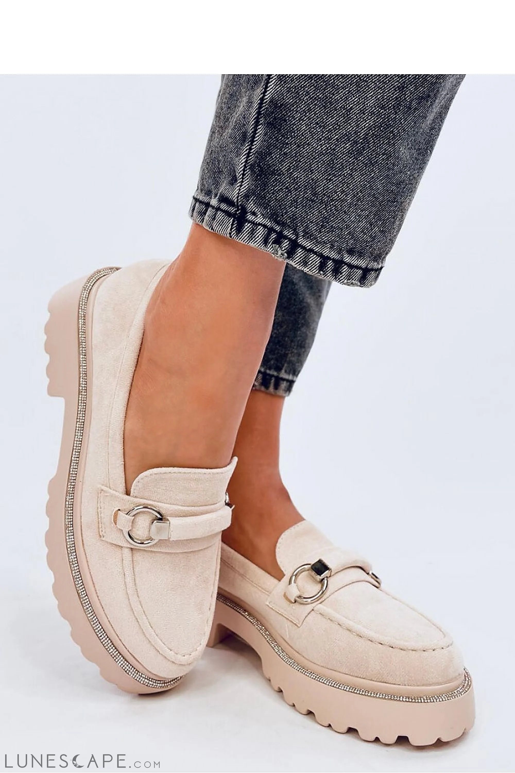Crystal Trim Blush Eco-Suede Loafers for Women – Moc Toe with Silver Accents LUNESCAPE