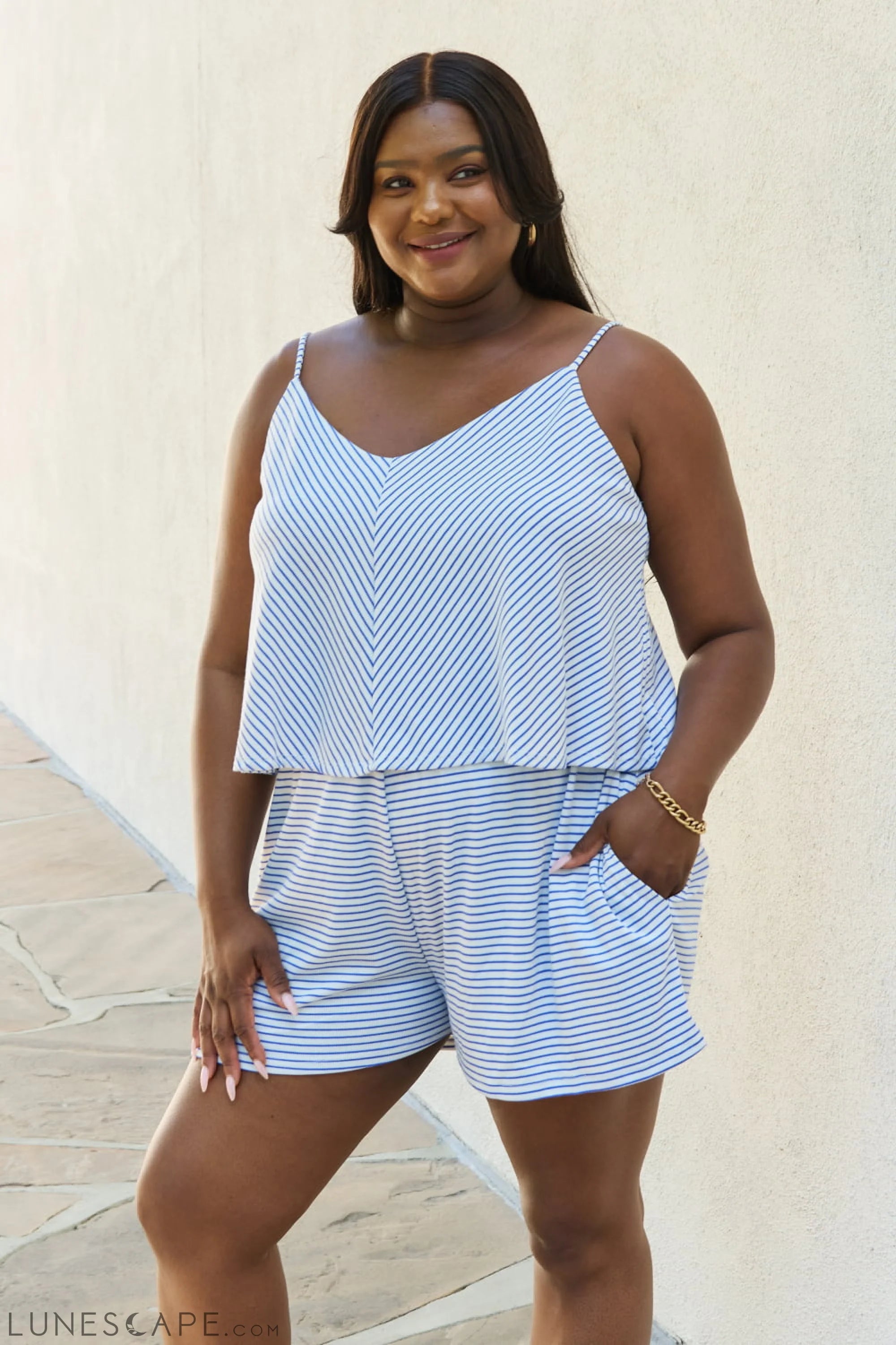 Culture Code Let It Happen Full Size Double Flare Striped Romper in LUNESCAPE