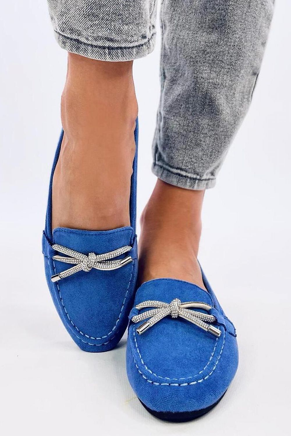 Cobalt Blue Eco-Suede Loafers with Silver Rope Bow