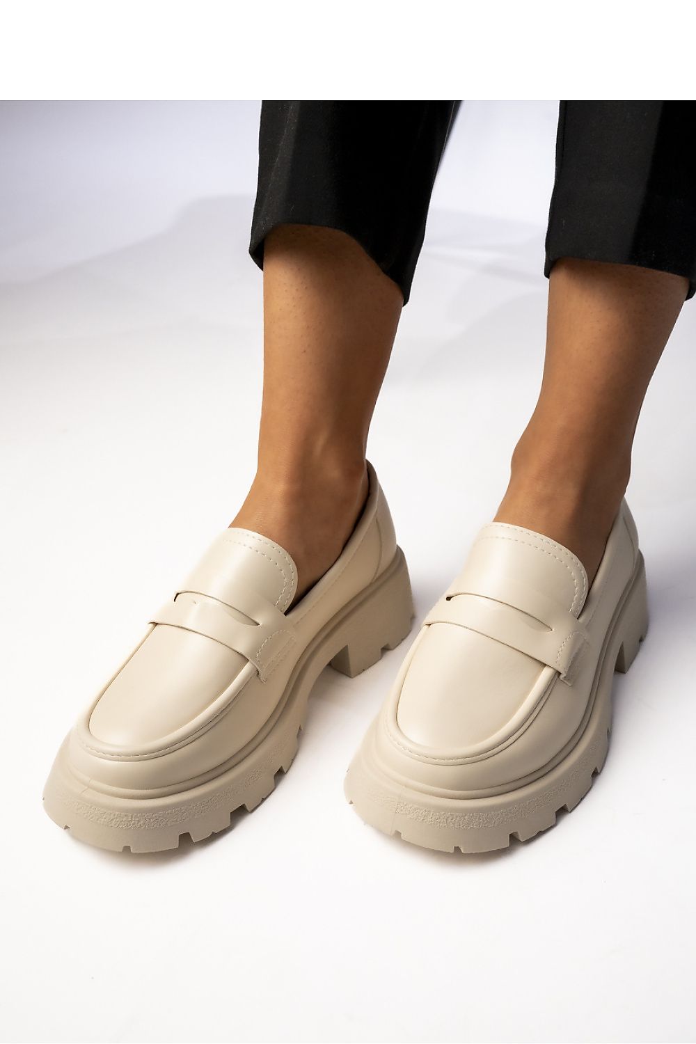 Beige Eco-Leather Womens Loafers – Chunky Lug Sole with Penny Bar LUNESCAPE