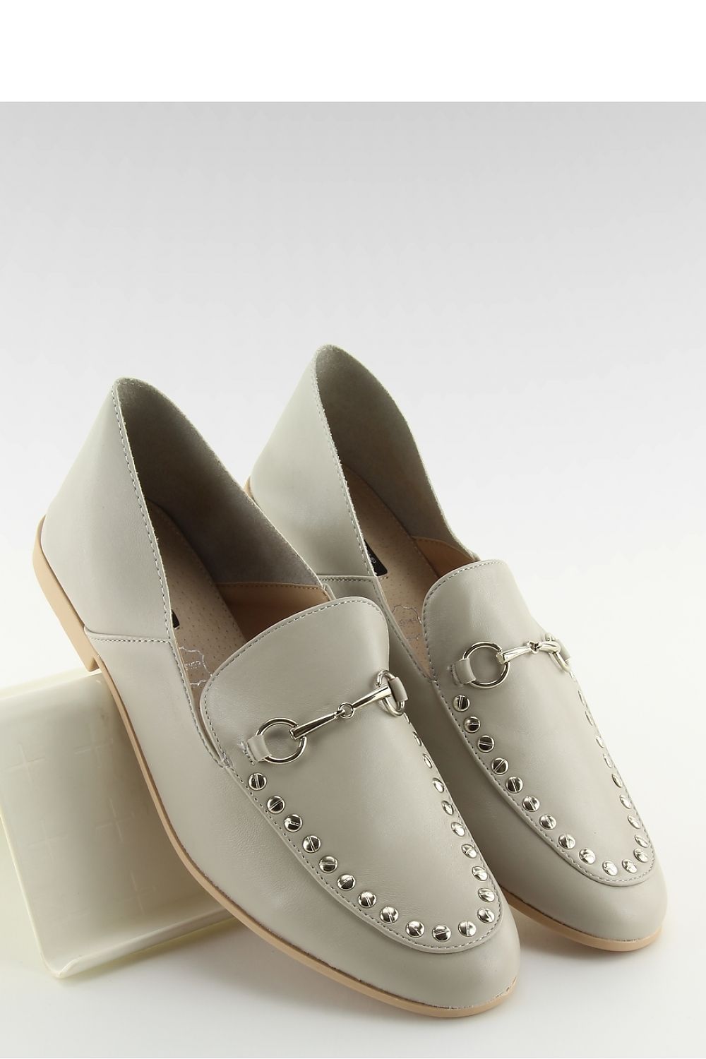Light Grey Eco-Leather Loafers for Women – Bit Slip-Ons with Studded Trim
