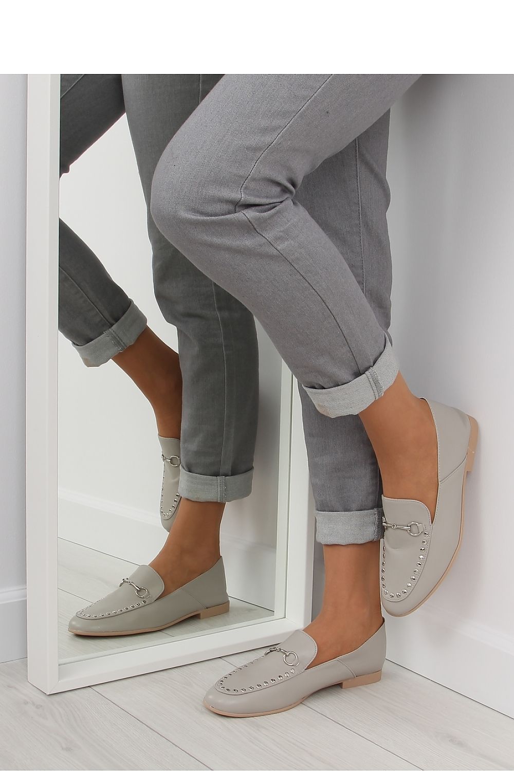 Light Grey Eco-Leather Loafers for Women – Bit Slip-Ons with Studded Trim