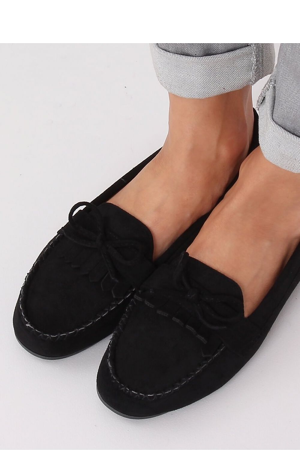 Black Eco-Suede Women’s Loafers with Fringe and Bow